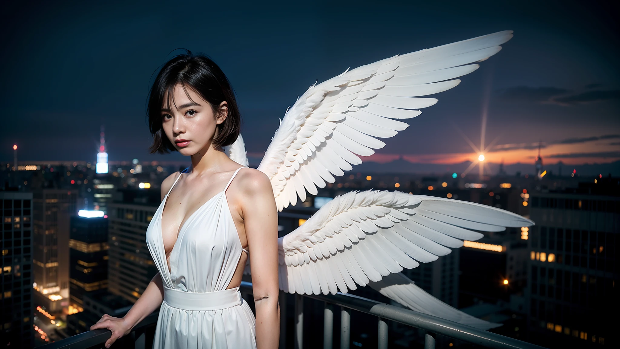 Photo, (Photorealistic: 1.4), (Hyperrealistic: 1.4), (Cinematic: 1.5), (Blue Filter), (Film Grain: 1.4), Woman in her 20s, Solo, Shorthair, Angel Wings, (Spread Wings Wide: 1.5), (Beautiful and Delicate Face), High Quality Eyes, White Clothes, (New York), Skyscraper Rooftop, Neon Light, Night, Fog