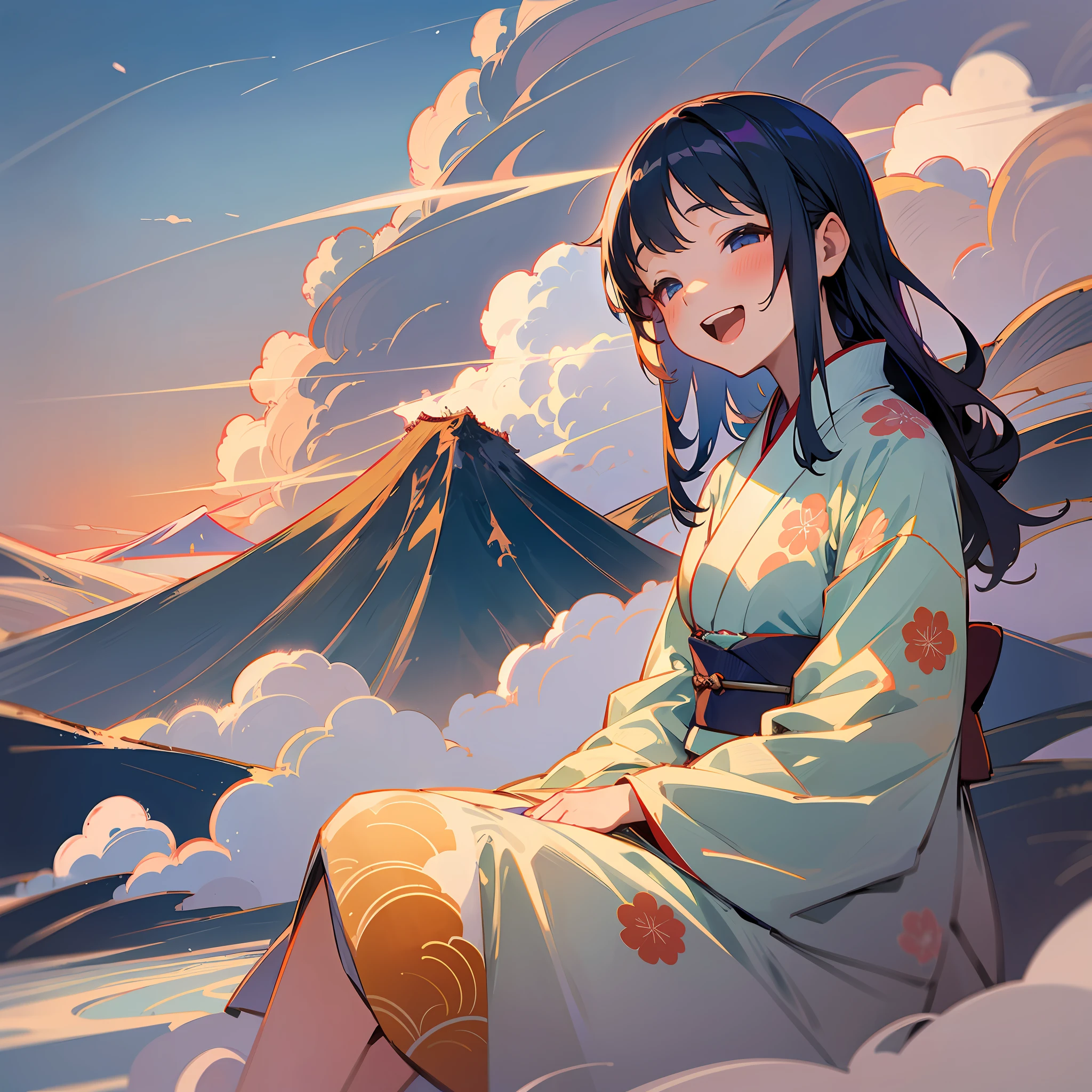 Girl in kimono sitting on clouds with Mount Fuji in background and laughing, clouds, shining light, sea of clouds, soul, myth, rising sun, rising sun, Mount Fuji, girl, --auto --s2