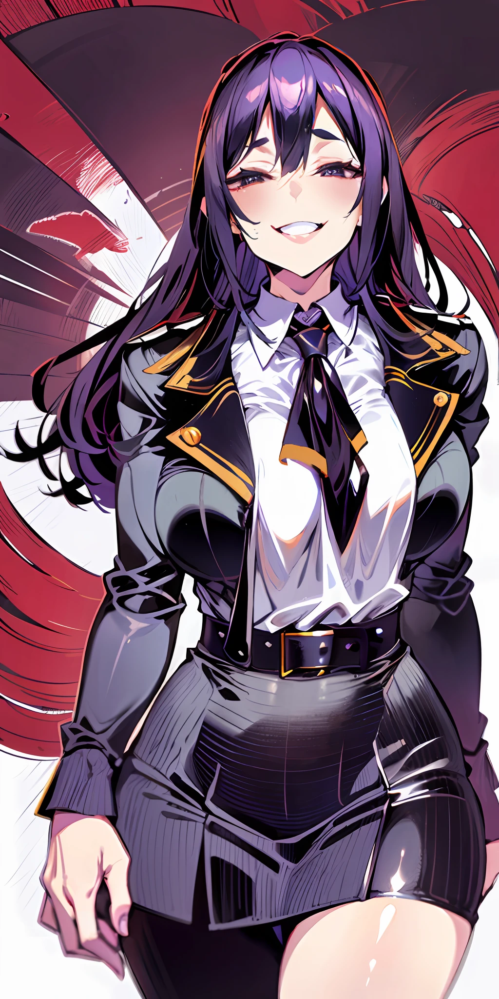 (Masterpiece: 1.6, Best Quality), (Fine and Beautiful Eyes: 1.2), (Overhead), High Quality, Beautiful Face, 1girl, Leather Tight Skirt, Extra Large Leather Jacket, Big Tits, Long Hair, Wide Hips, (Landscaped), Street, Background, Detail Background, Spooky Grin, Angled Laughter at the Corners of Mouth, Long Coat, Shirt, Tie, Office Lady, Mature