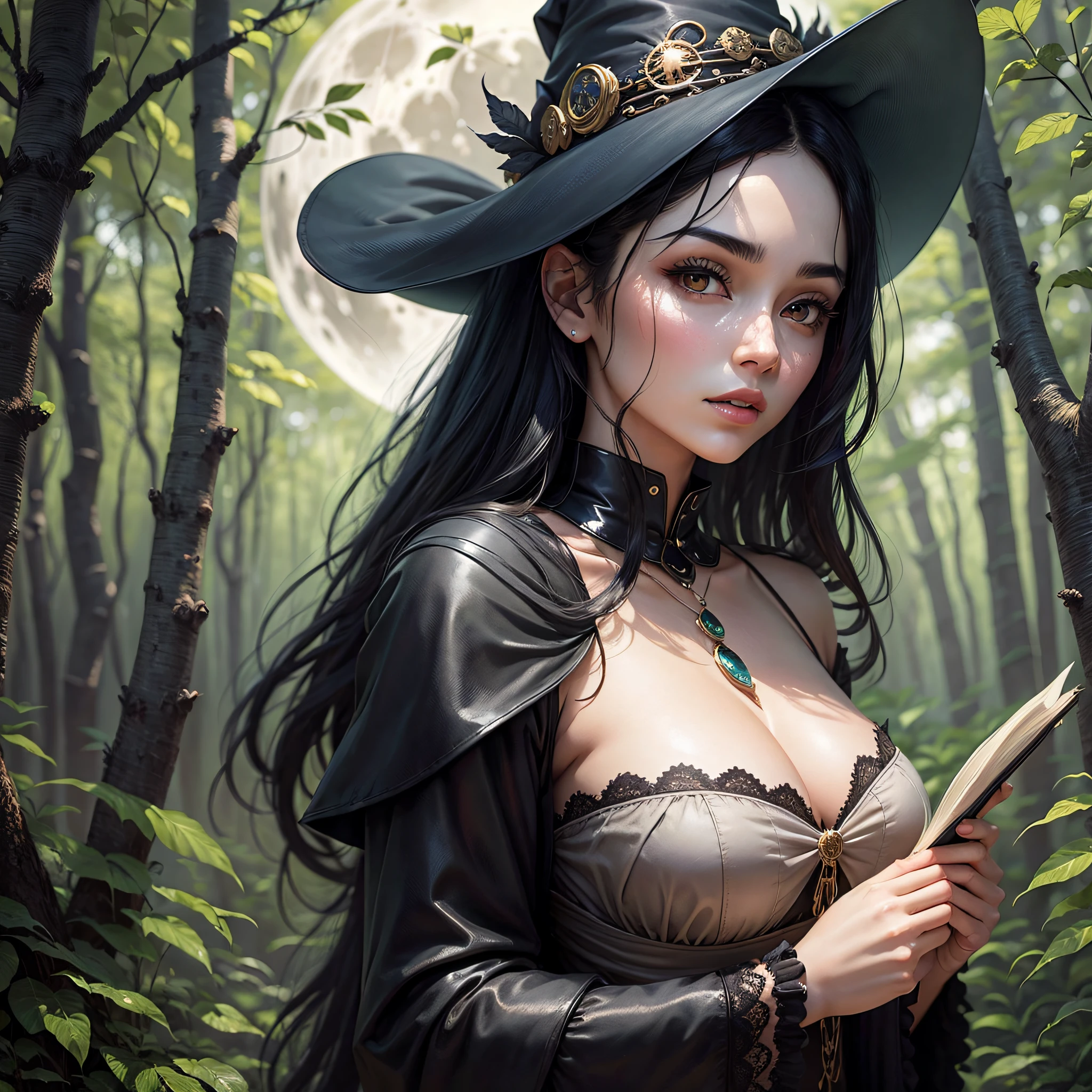 Sexy witch straight black hair fair skin holding book in the middle of forest with full moon --auto --s2