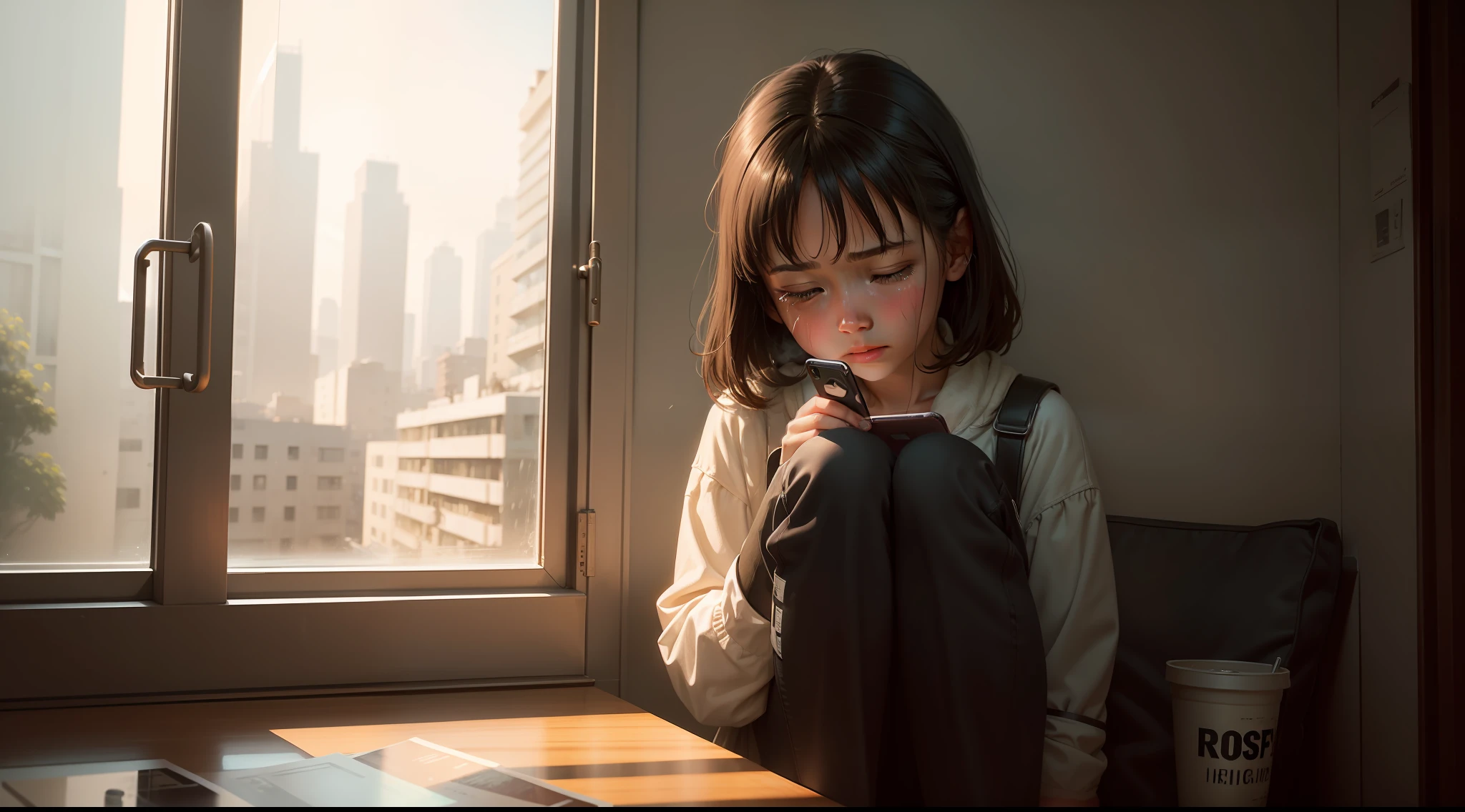 In front of the window, a girl looks at her mobile phone in pain, her face is full of tears, movie stills, movie lights, small panorama, thirds composition, illustration, high quality, film art script painting