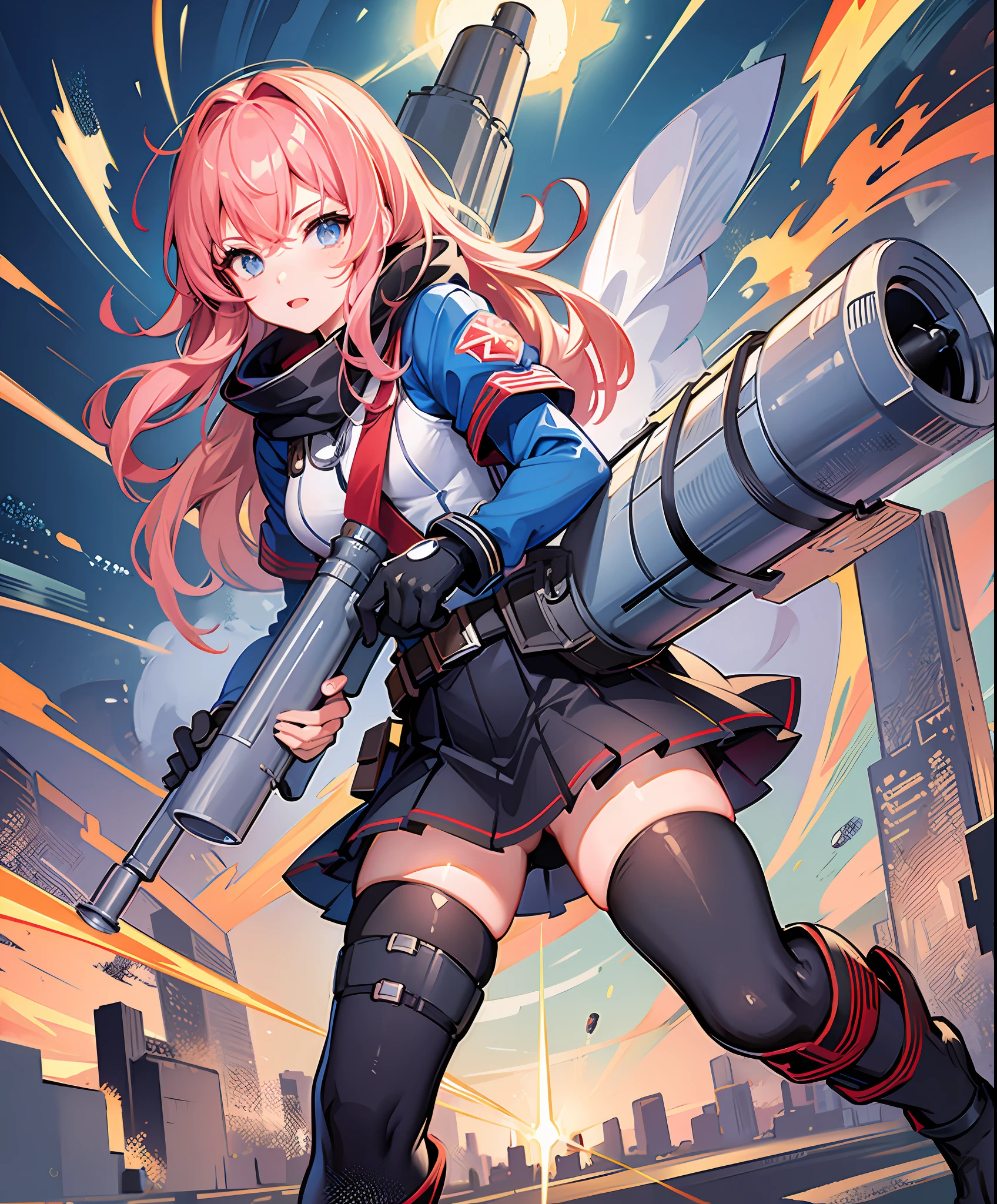 rocket launcher, squadron, rocket launcher carry, rocket launcher love, hero, girl, hero costume, ally of justice, turn into a hero, town, cute, masterpiece, high definition, 16k, illustration, detailed hands, detailed feet, wide angle, full body