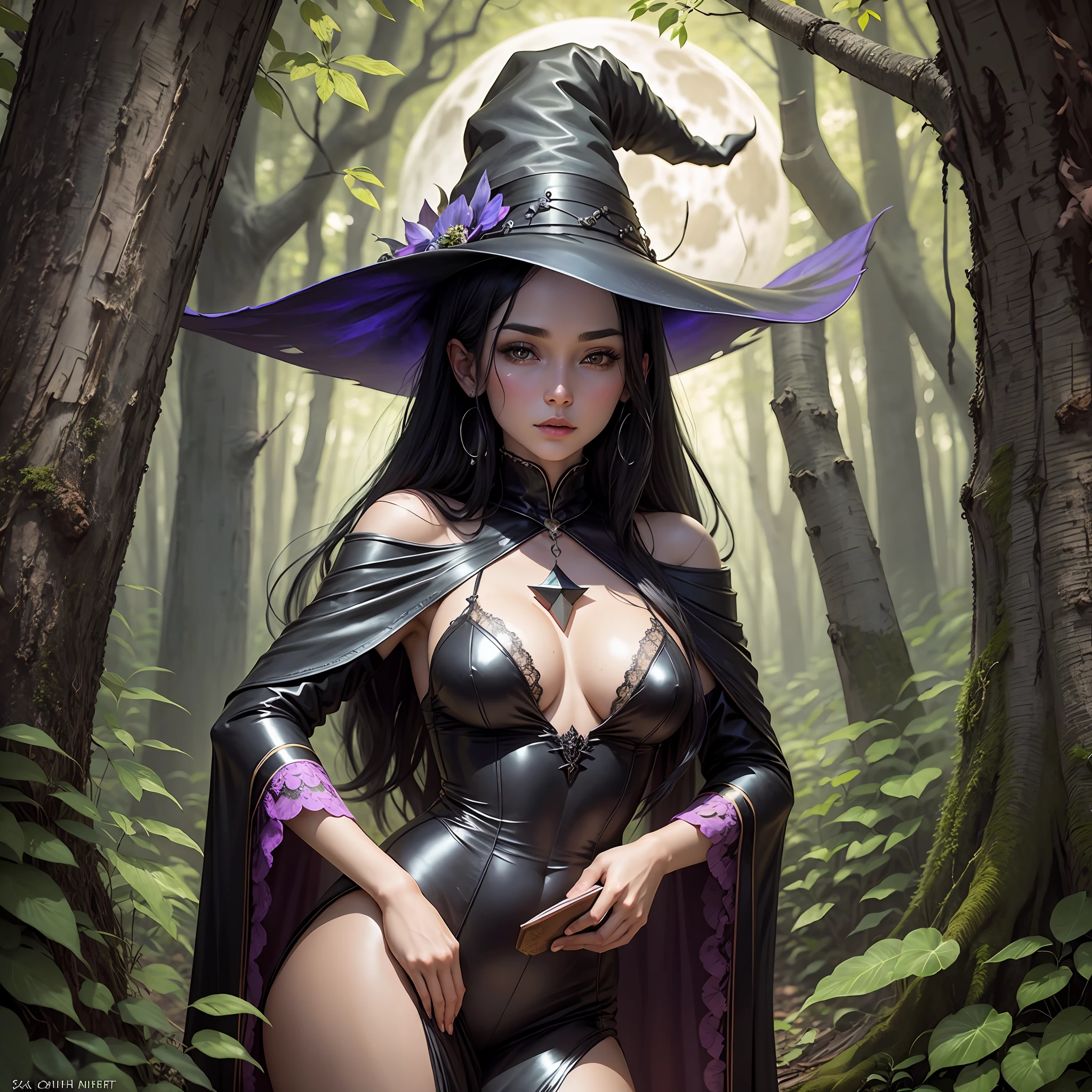 Sexy witch straight black hair fair skin holding book in the middle of forest with full moon --auto --s2