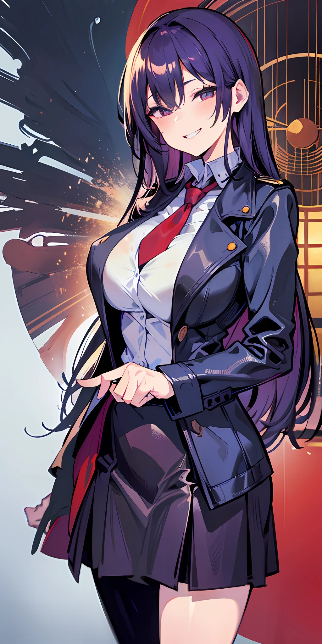 (Masterpiece: 1.6, Best Quality), (Fine and Beautiful Eyes: 1.2), (Overhead), High Quality, Beautiful Face, 1girl, Leather Tight Skirt, Extra Large Leather Jacket, Big Tits, Long Hair, Wide Hips, (Landscaped), Street, Background, Detail Background, Spooky Grin, Angled Laughter at the Corners of Mouth, Long Coat, Shirt, Tie, Office Lady, Mature