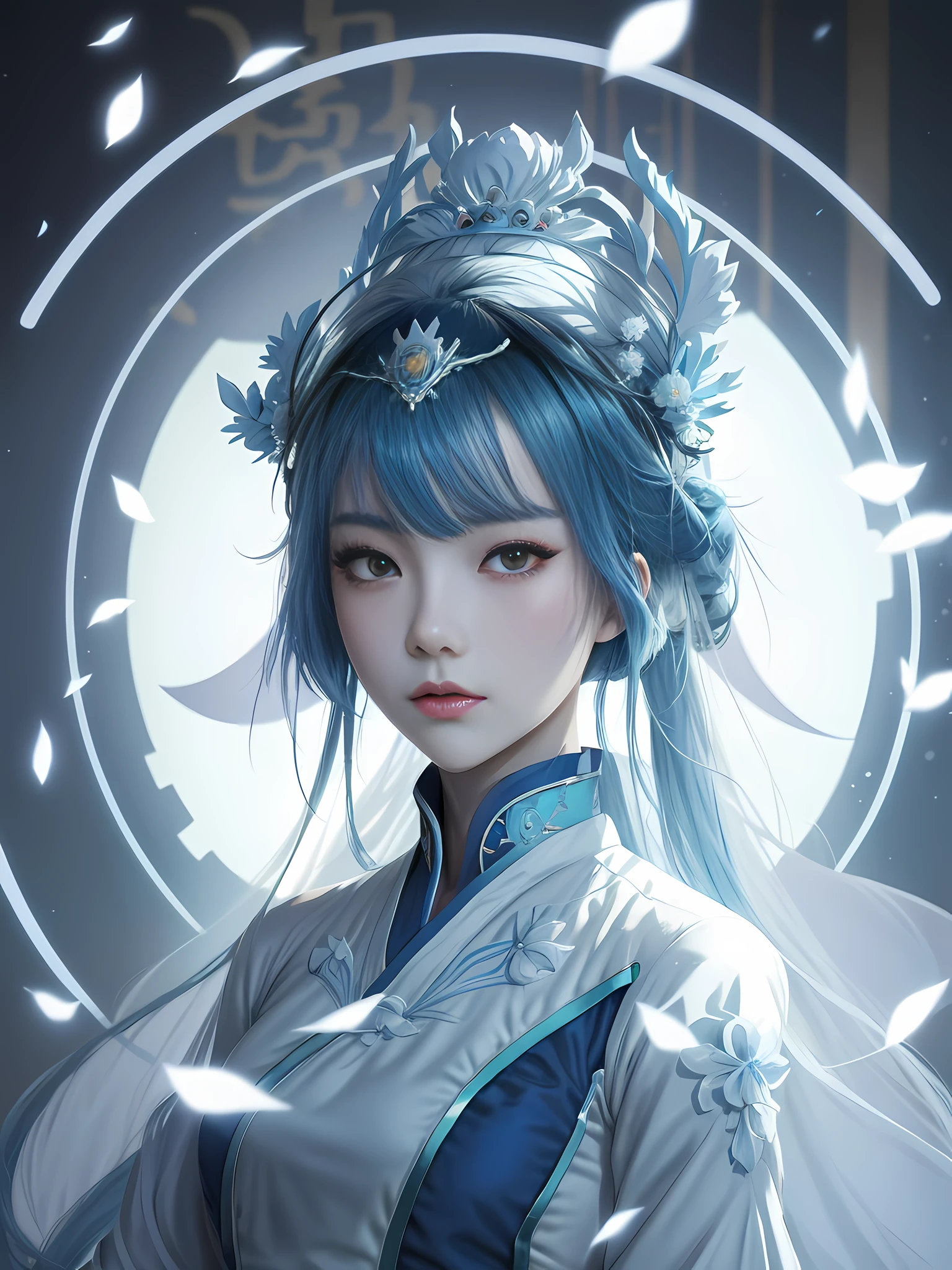 anime girl with blue hair and a white dress with a flower crown, palace ， a girl in hanfu, artwork in the style of guweiz, guweiz, inspired by Leng Mei, a beautiful fantasy empress, inspired by Li Mei-shu, trending on cgstation, inspired by Ai Xuan, white hanfu, ((a beautiful fantasy empress))