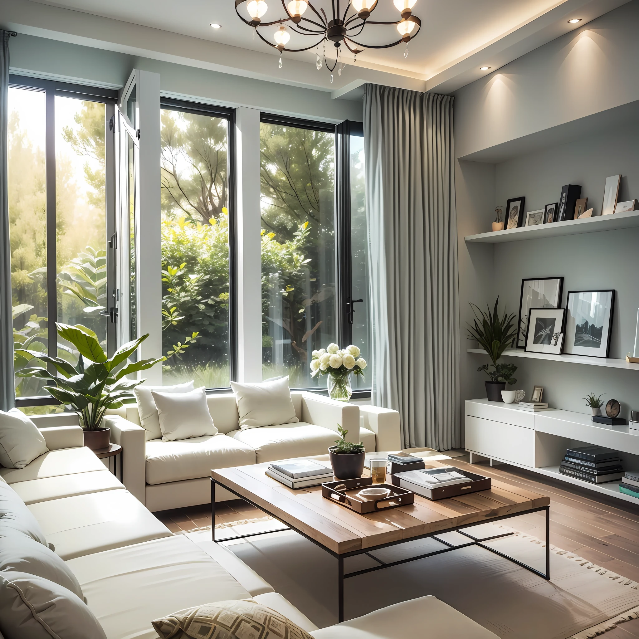 Modern style home design, floor-to-ceiling Windows
Bright color as the main color, using white, gray, beige and other neutral colors as the main color, and combined with some bright colors as embellishment. Modern furniture with clean lines, simple and designed furniture, soft soft decorations, cushions, carpets, curtains, warmth and layering. A variety of lighting methods, chandelier, downlight, wall lamp, etc., comfortable lighting atmosphere. The window side area is designed for casual reading or resting areas, comfortable chairs or sofas, sunshine and views. Green plants, decorations --auto --s2