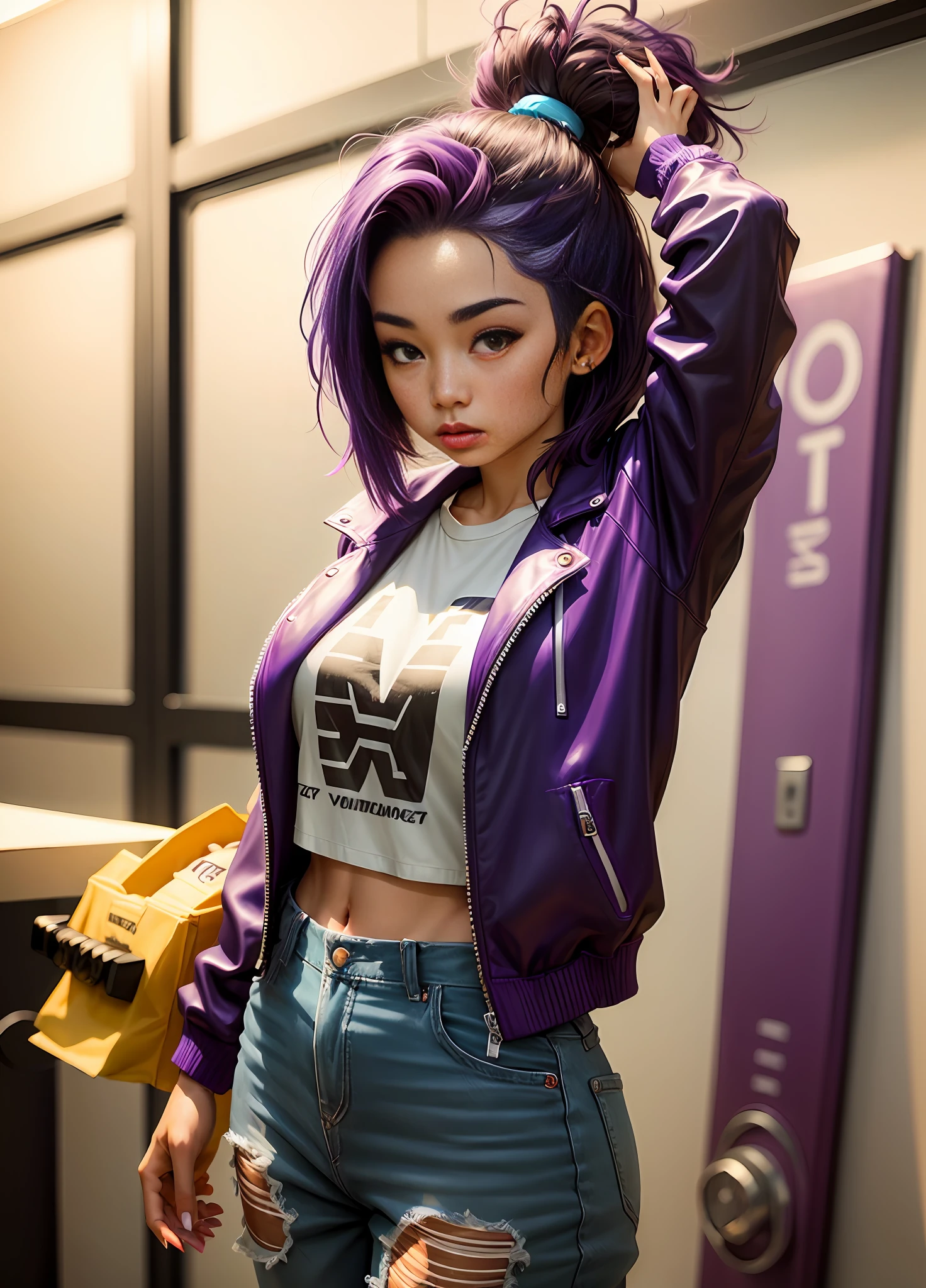Tumblr female influencer, teen, Asian, Brazilian, purple hair