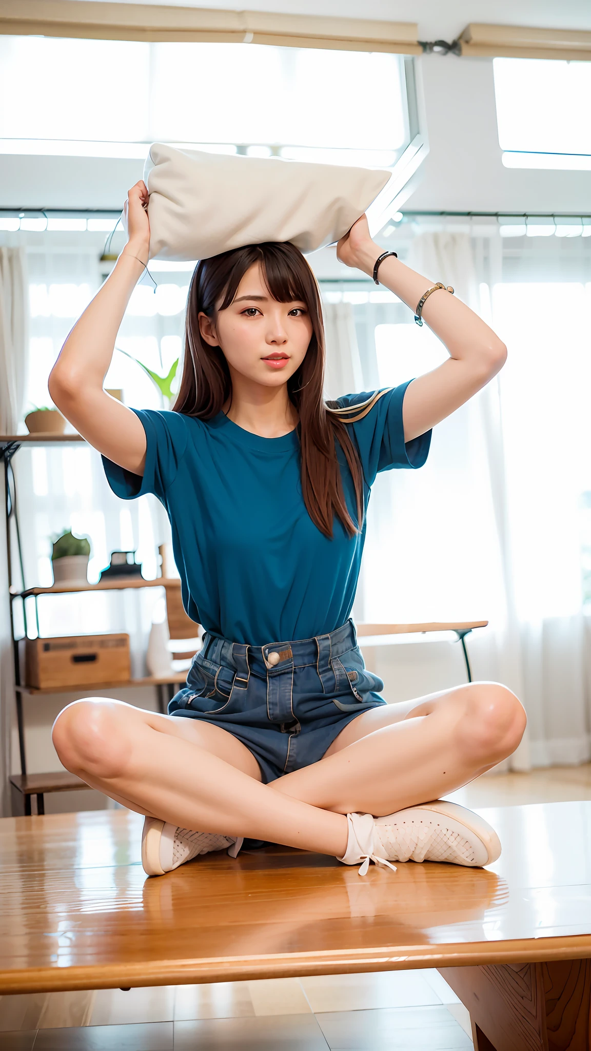 a woman sitting on a table holding a pillow over her head, pretty face with arms and legs, photo of slim girl model, photo of slim girl, chinese girl, a cute young woman, casual pose, wearing casual clothes, xintong chen, cute young woman, korean girl, full body cute young lady, attractive pose, full body xianxia, wenfei ye