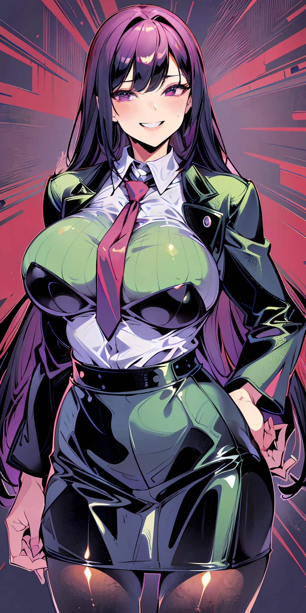(Masterpiece: 1.6, Best Quality), (Fine and Beautiful Eyes: 1.2), (Overhead), High Quality, Beautiful Face, 1girl, Leather Tight Skirt, Extra Large Leather Jacket, Big Tits, Long Hair, Wide Hips, (Landscaped), Street, Background, Detail Background, Spooky Grin, Angled Laughter at the Corners of Mouth, Long Coat, Shirt, Tie, Office Lady, Mature