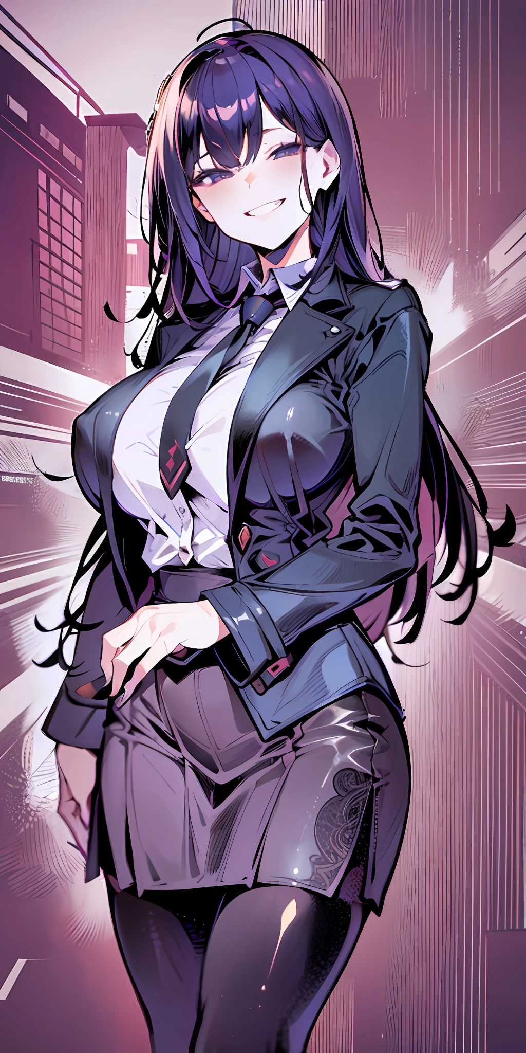 (Masterpiece: 1.6, Best Quality), (Fine and Beautiful Eyes: 1.2), (Overhead), High Quality, Beautiful Face, 1girl, Leather Tight Skirt, Extra Large Leather Jacket, Big Tits, Long Hair, Wide Hips, (Landscaped), Street, Background, Detail Background, Spooky Grin, Angled Laughter at the Corners of Mouth, Long Coat, Shirt, Tie, Office Lady, Mature