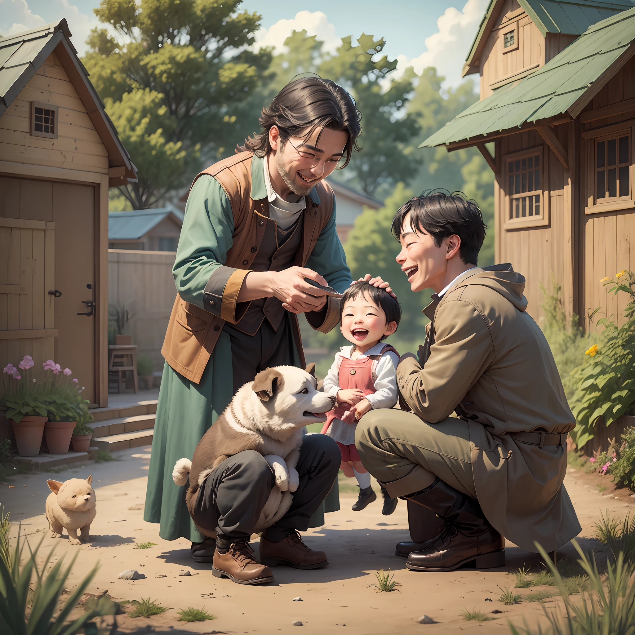 Outside the yard, men and neighbors praise the child, touch the child's head, and the child is laughing happily --auto --s2