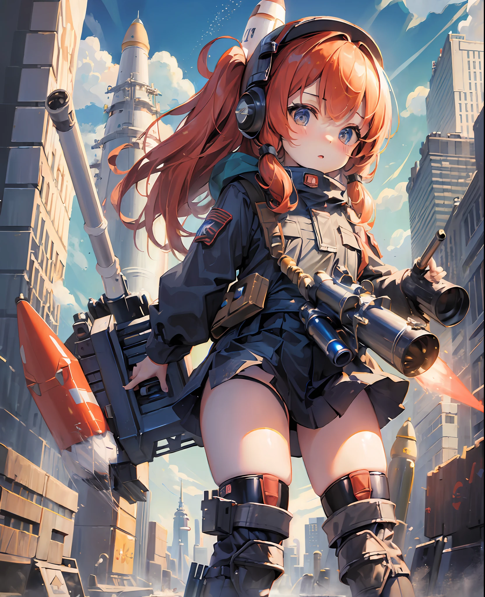 (((Giant Rocket Launcher Girl))),Girl, Detailed Rocket Launcher, Cute Face, City, Tokyo, Best Masterpiece, Detailed Picture, Cute, , Wide Angle, Wide Angle Camera, Realistic, Illustration