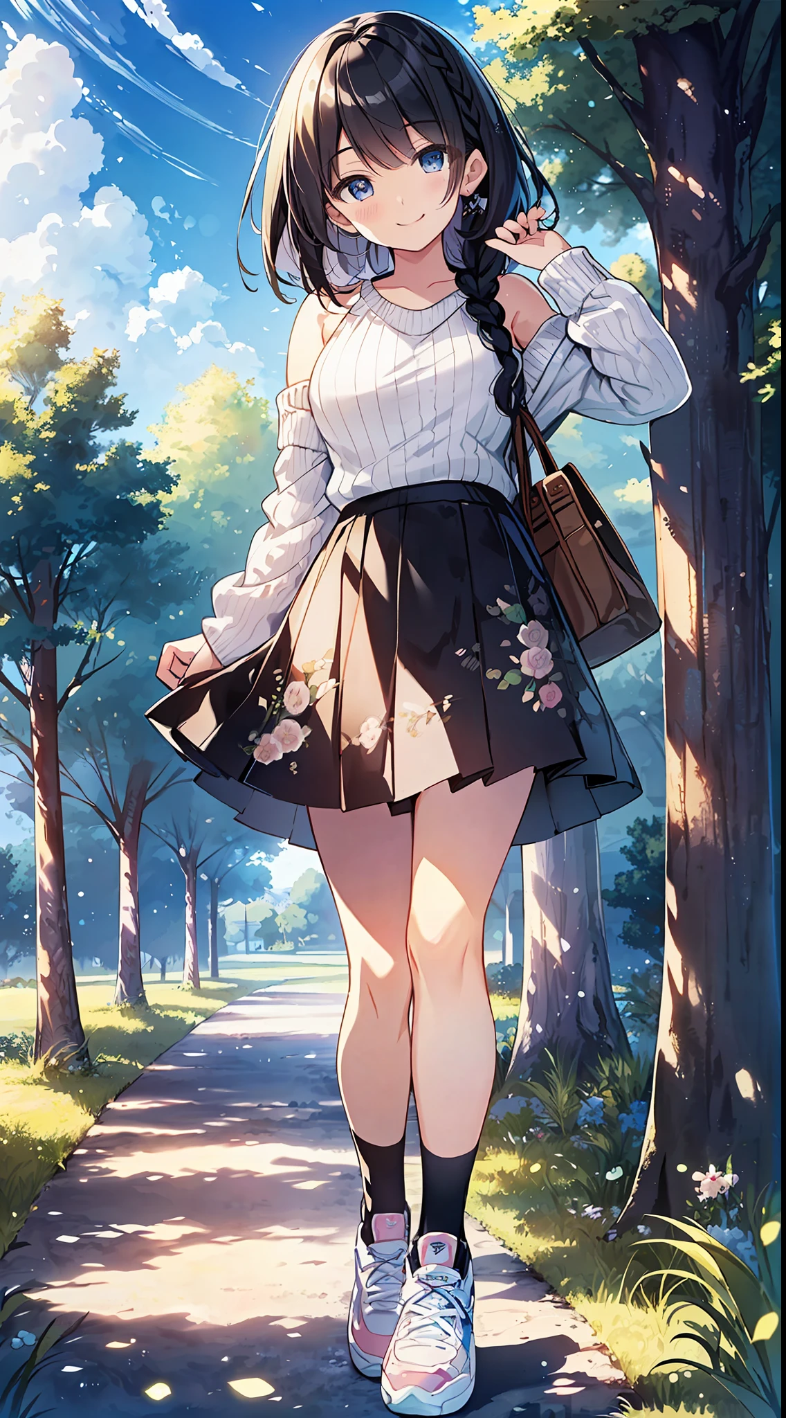 Top Quality, Masterpiece, Ultra High Definition, 8K, Summer Sky, Early Summer, (((Knitted Sweater + Wide Skirt + Sneakers)), Shojo Manga Style Loli, One, Soft Line Art, Digital Enhancement, Shojo Manga Touch, Shojo Manga Core, Flowing Fabric, Close Up, (Shoulder Length and Short Braid)), Wet Hair, Staring at us from the front, Soft Drawing, Beautiful Black Hair, clear eyes, ((teasing smile)), ultra-detailed digital anime art, clear face depiction, ultra-detailed shoujo manga character art, ultra-detailed manga style, top quality colors, hand gestures, landscape with nature, looking up at the sky, angle that can be seen up to the feet