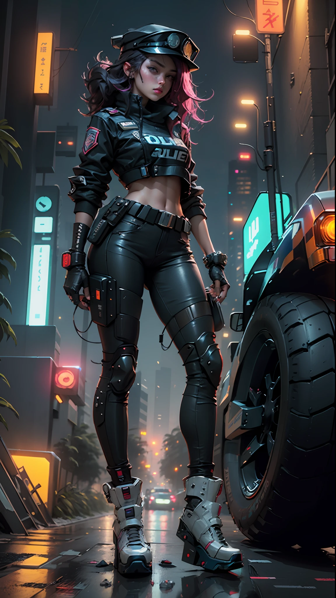 Beautiful woman medium hair, wearing cap, cyberpunk style short clothes, cyberpunk police woman, tomboy, Traffic Police, flying futuristic police motorcycle, police hovercycle patrol, night, neons