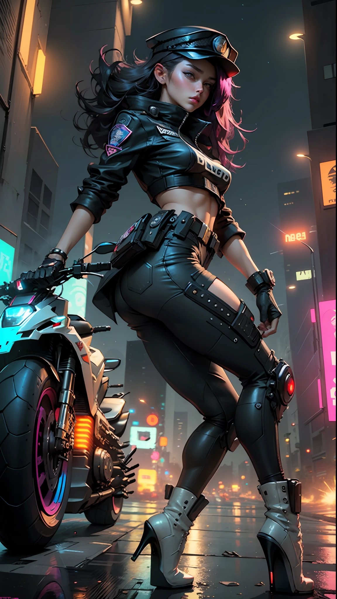 Beautiful woman medium hair, wearing cap, cyberpunk style short clothes, cyberpunk police woman, tomboy, Traffic Police, flying futuristic police motorcycle, police hovercycle patrol, night, neons