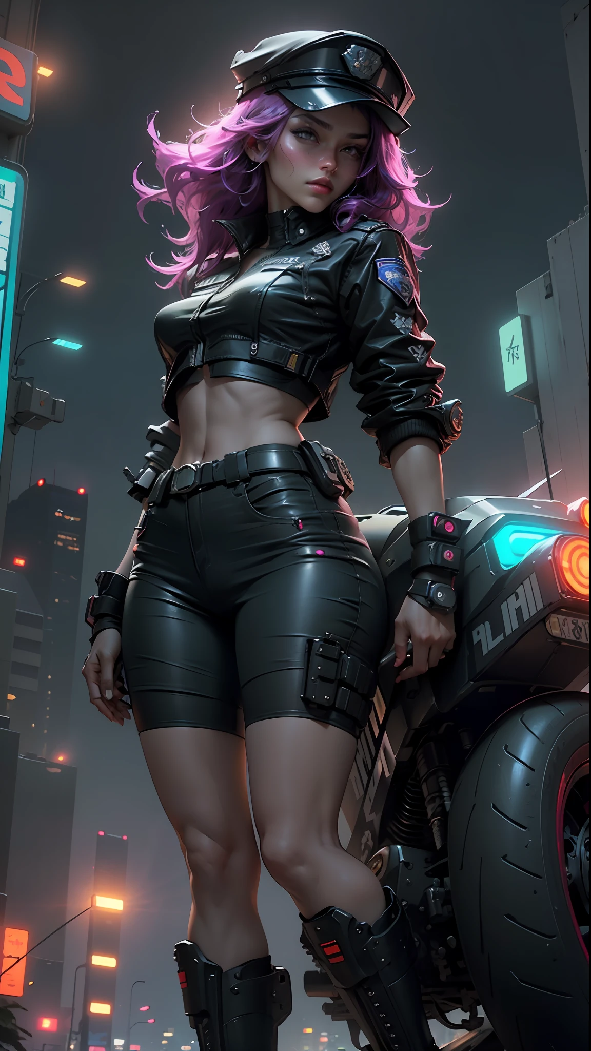 Beautiful woman medium hair, wearing cap, cyberpunk style short clothes, cyberpunk police woman, tomboy, Traffic Police, flying futuristic police motorcycle, police hovercycle patrol, night, neons