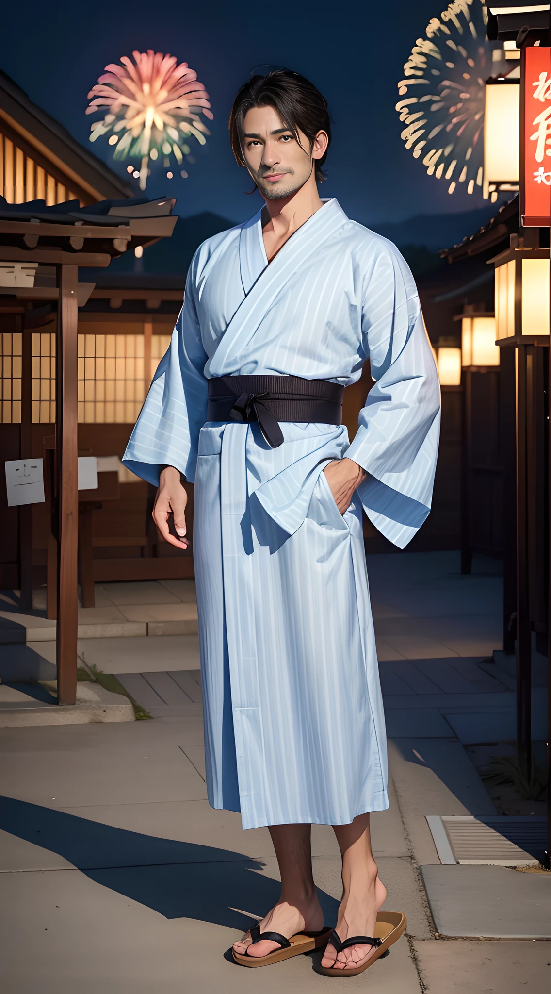 (head shot), (in his 40's of age), one tanned tall handsome muscular man in his 40's, wearing Japanese YUKATA, A men's yukata is a casual Japanese summer garment. It is typically made of lightweight cotton or linen fabric and has a loose, kimono-style design. The yukata is worn by men for various occasions, such as summer festivals, fireworks displays, or relaxing at traditional hot spring resorts. It features a simple, straight-cut silhouette, with wide sleeves and a wraparound style secured by a narrow belt called an "obi." Men's yukata designs often incorporate traditional patterns, such as stripes, geometric motifs, or nature-inspired prints. When wearing a yukata, men may pair it with geta sandals and complete the look with a simple accessory like a folding fan. The yukata provides a comfortable and stylish option for men to enjoy the summer season in Japan. many fireworks in the background, mischievous smile, (high detail:1 1)、big male genitals under bikini, Natural muscle、highly quality、beautiful eye、(detailed face and eyes)、(faceless:1 2)、noise、real photo、...PSD、sharp focus、high resolution 8k、Realistic and professional photos、8K UHD、soft lighting、highly quality、film grain、Fujifilm XT3