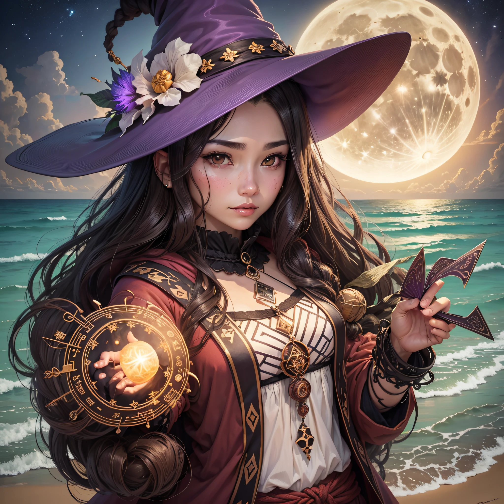 Beautiful witch face like my long dark brown hair brown eyes in the middle of the beach with full moon holding the card the taro wizard --auto --s2