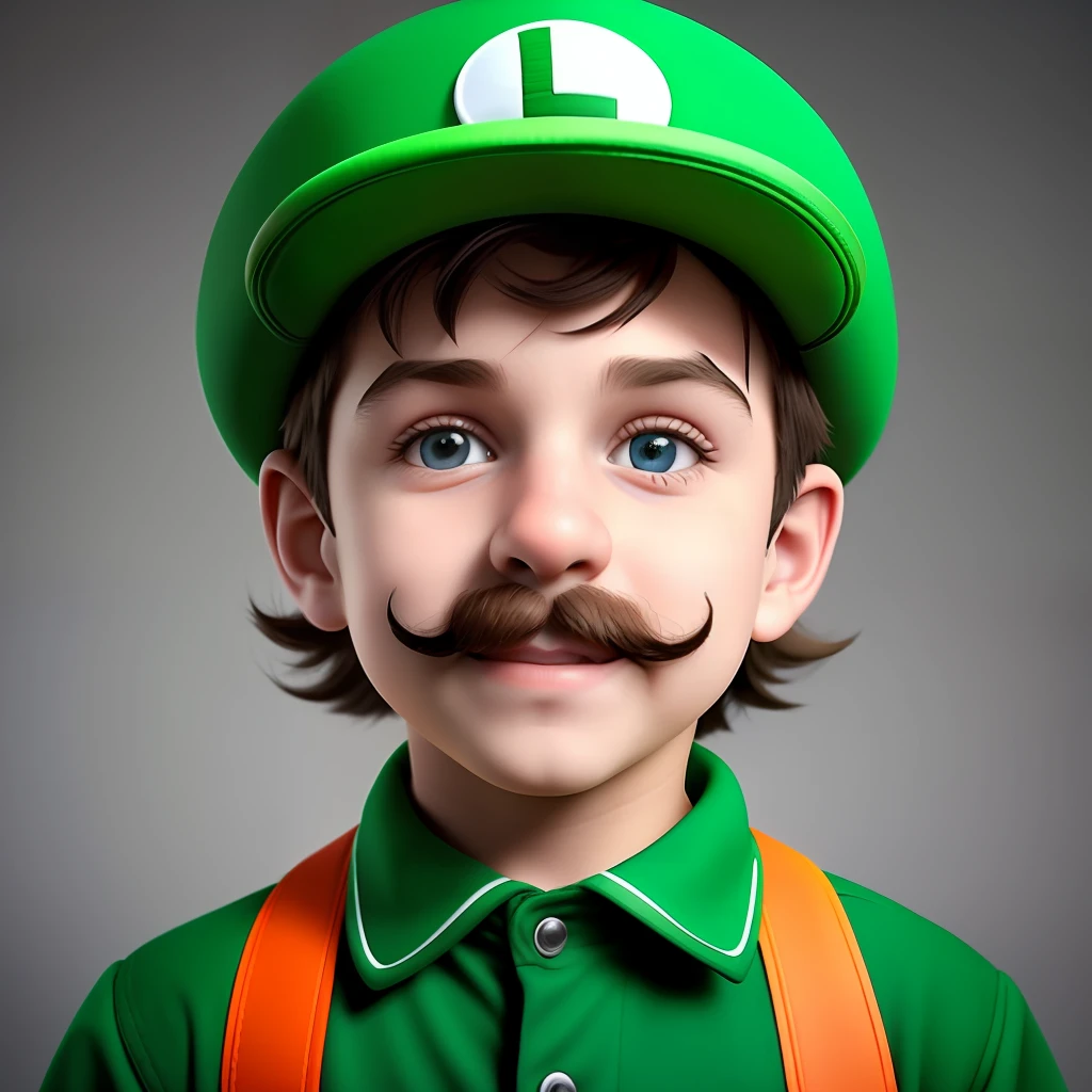 a boy dressed as a luigi character, smiling, ultrarealistic, 8k, best quality, masterprice, natural skin texture, with a mustache