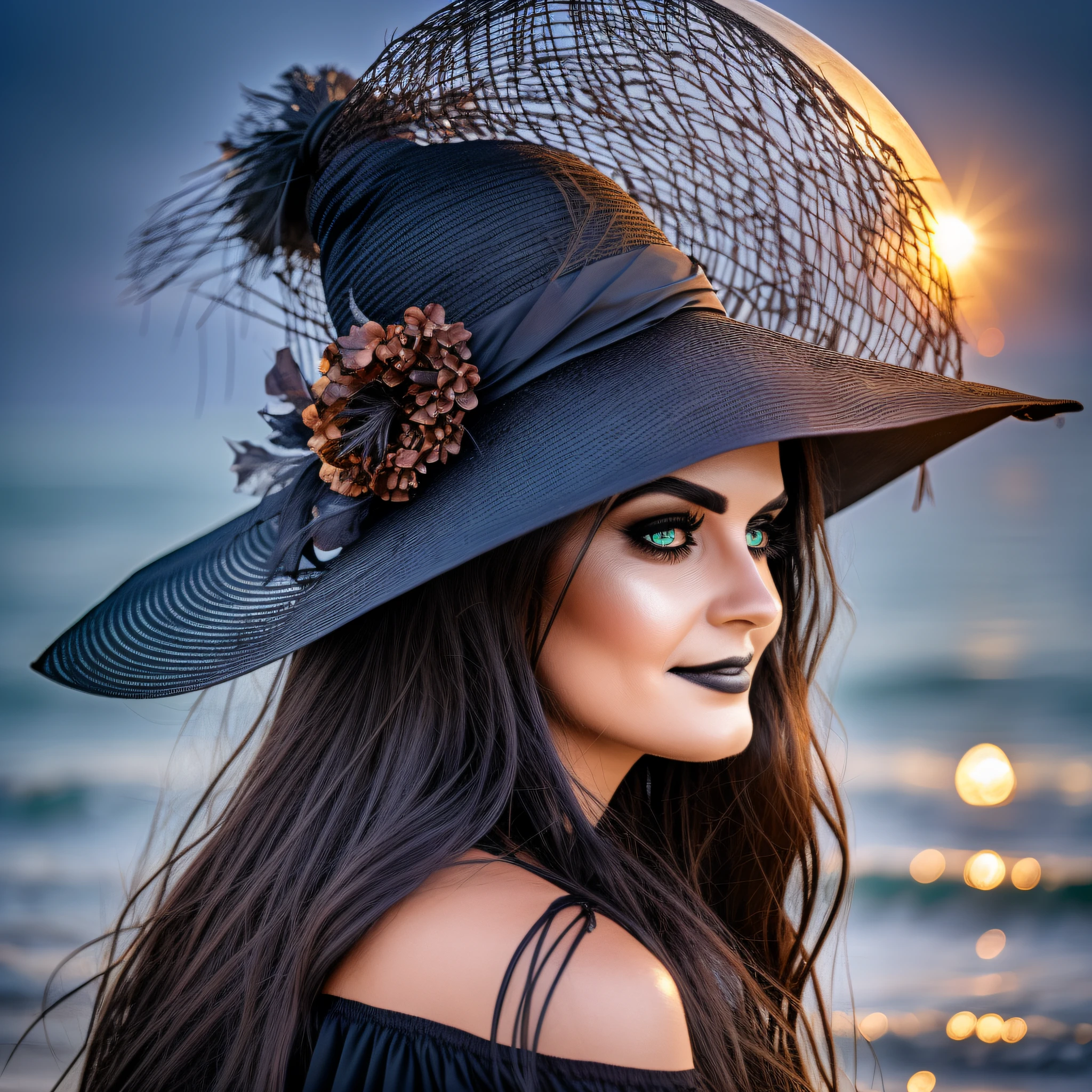 Beautiful witch face equal to my long dark brown hair brown eyes in the middle of the beach with full moon holding crystal with black clothes --auto --s2