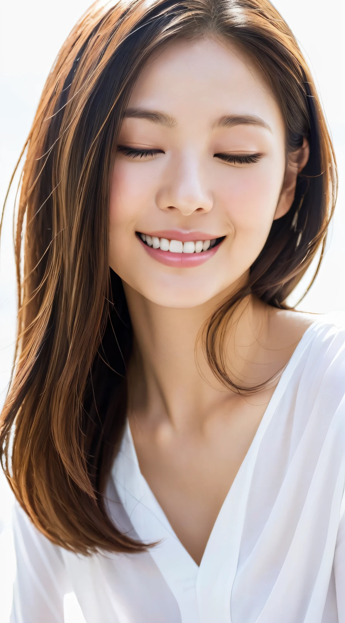 Girl One, Top Quality, Realistic, Solo, Depth of Field, Natural Light, Daytime, Attractive, Beautiful Face, Clean, Pure Face, White Skin, Pretty, Medium Hair, Sunlight, Head to Chest, ((White Shirt, Neat Beautiful Face, Smile, Eyes Closed, White Background)),