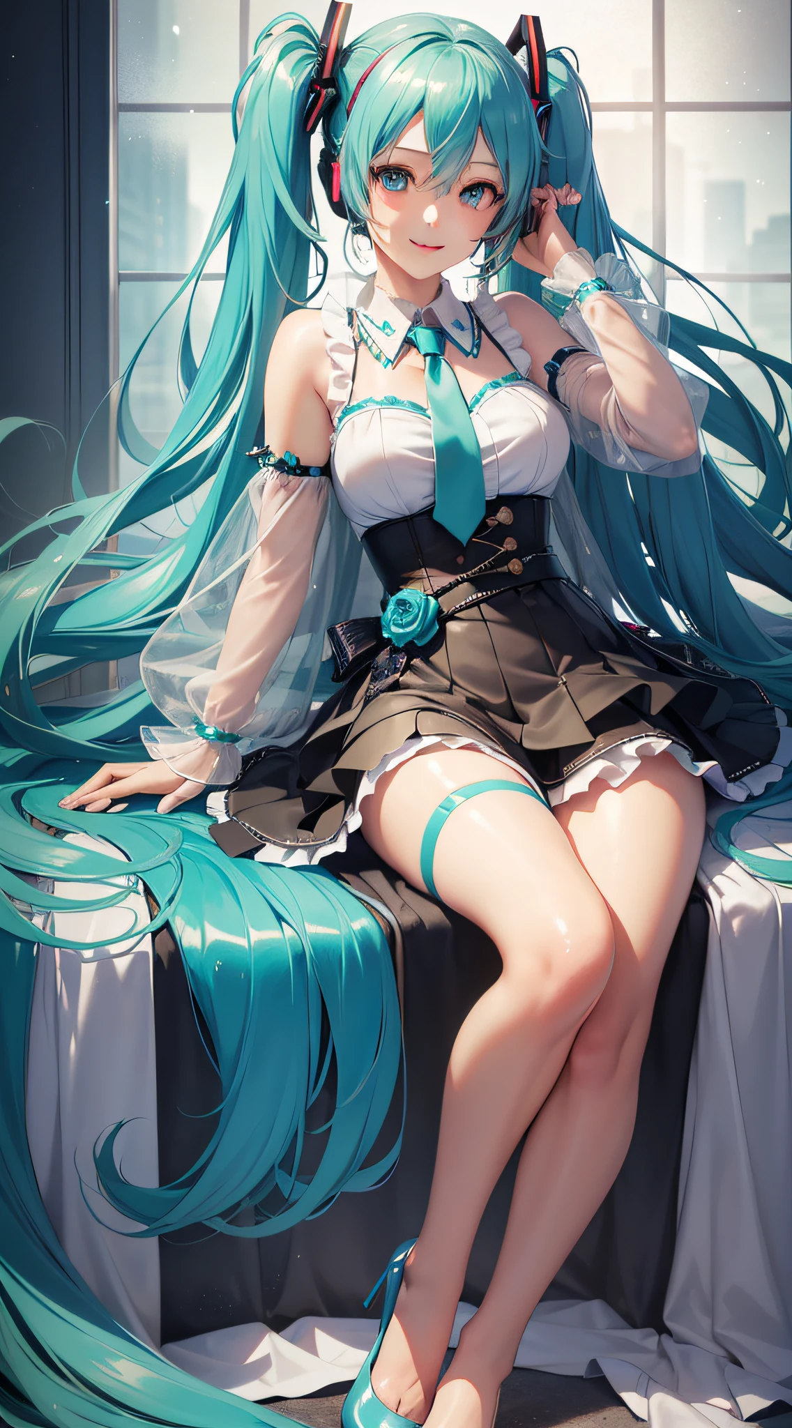 Hatsune Miku, photorealistic, (seductive anime girl), beautiful style, beautiful charming anime woman, (full body), smile, masterpiece portrait, 3d face, glowing blue eyes,