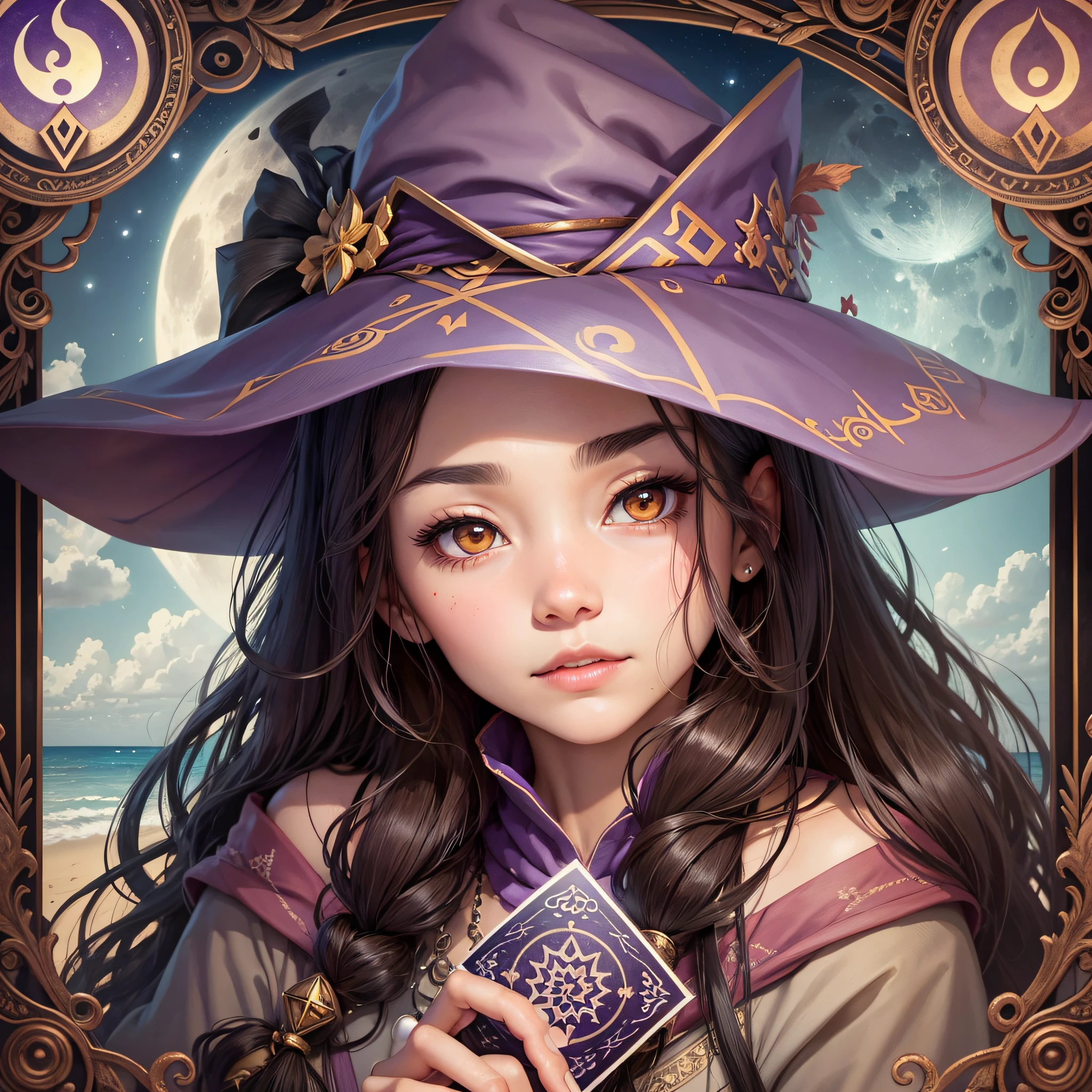 Beautiful witch face like my long dark brown hair brown eyes in the middle of the beach with full moon holding the card the taro wizard --auto --s2