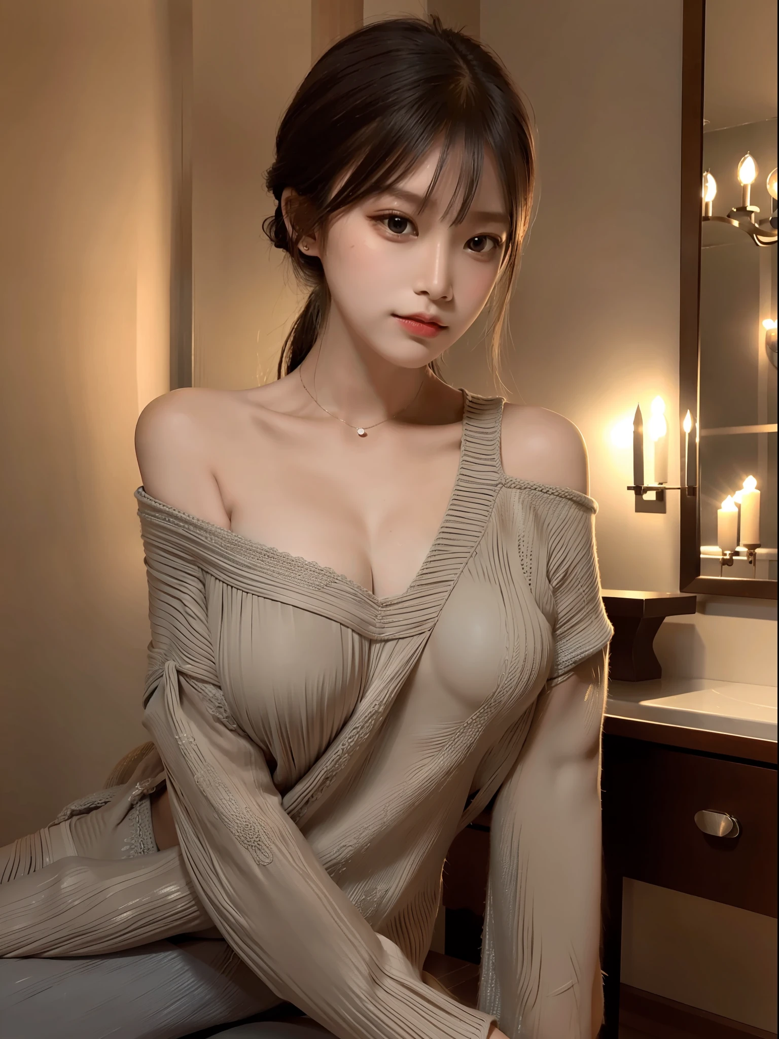 1 girl, bare shoulder, faint smile, shiny skin Best quality, masterpiece, (Realistic: 1.4), knitted watermark, large, dark, night, orange Pale lighting, shadow, shadow, low light