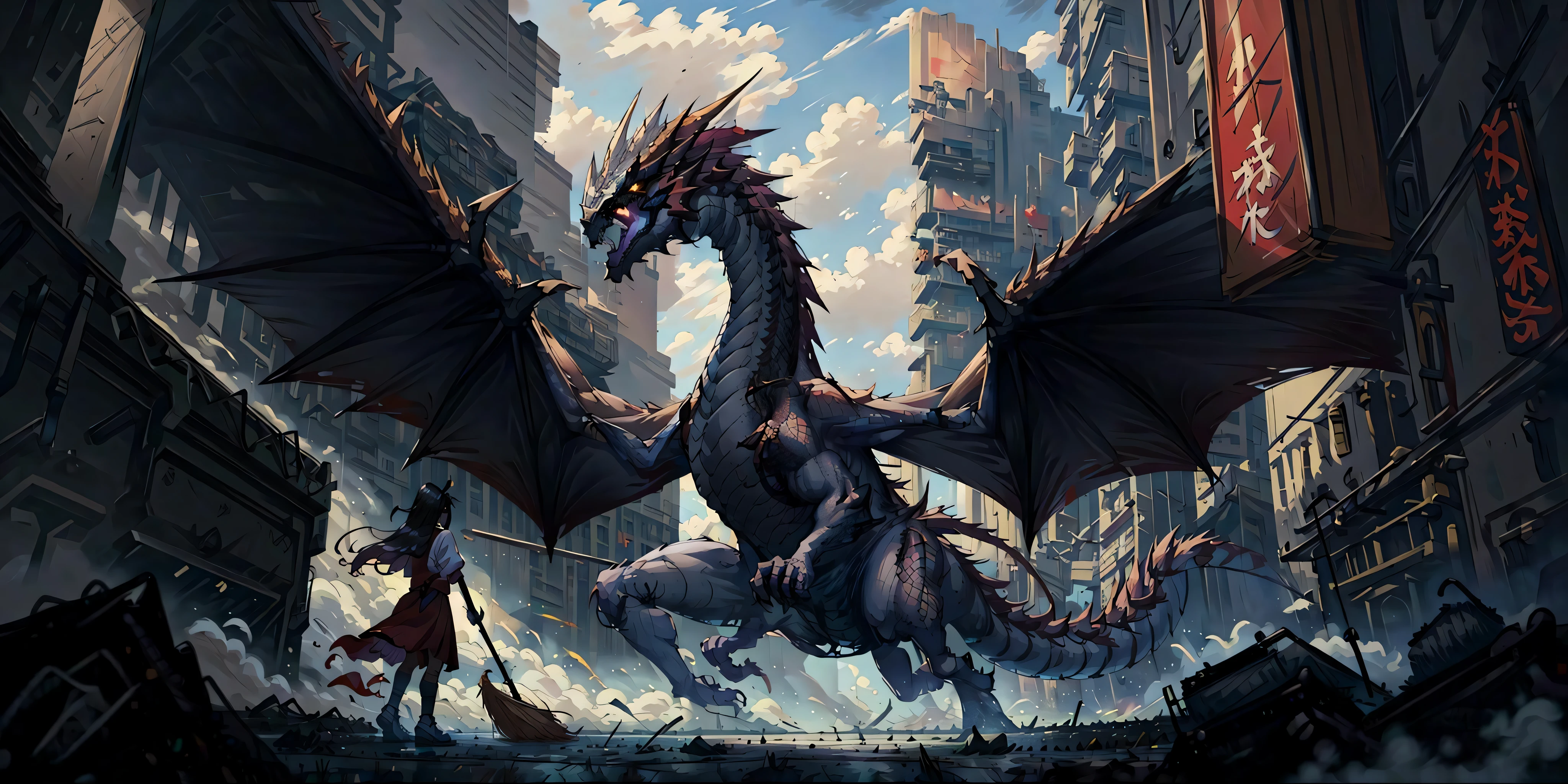 (masterpiece, best quality:1.4), 
(badass, battle stanse:1.2), epic, from behind,
1girl, solo, japanese school girl holding broom, japanese school girl, broom, standing against dragon, red dragon, detailed background, wind, (cyberpunk city:1.2),  street