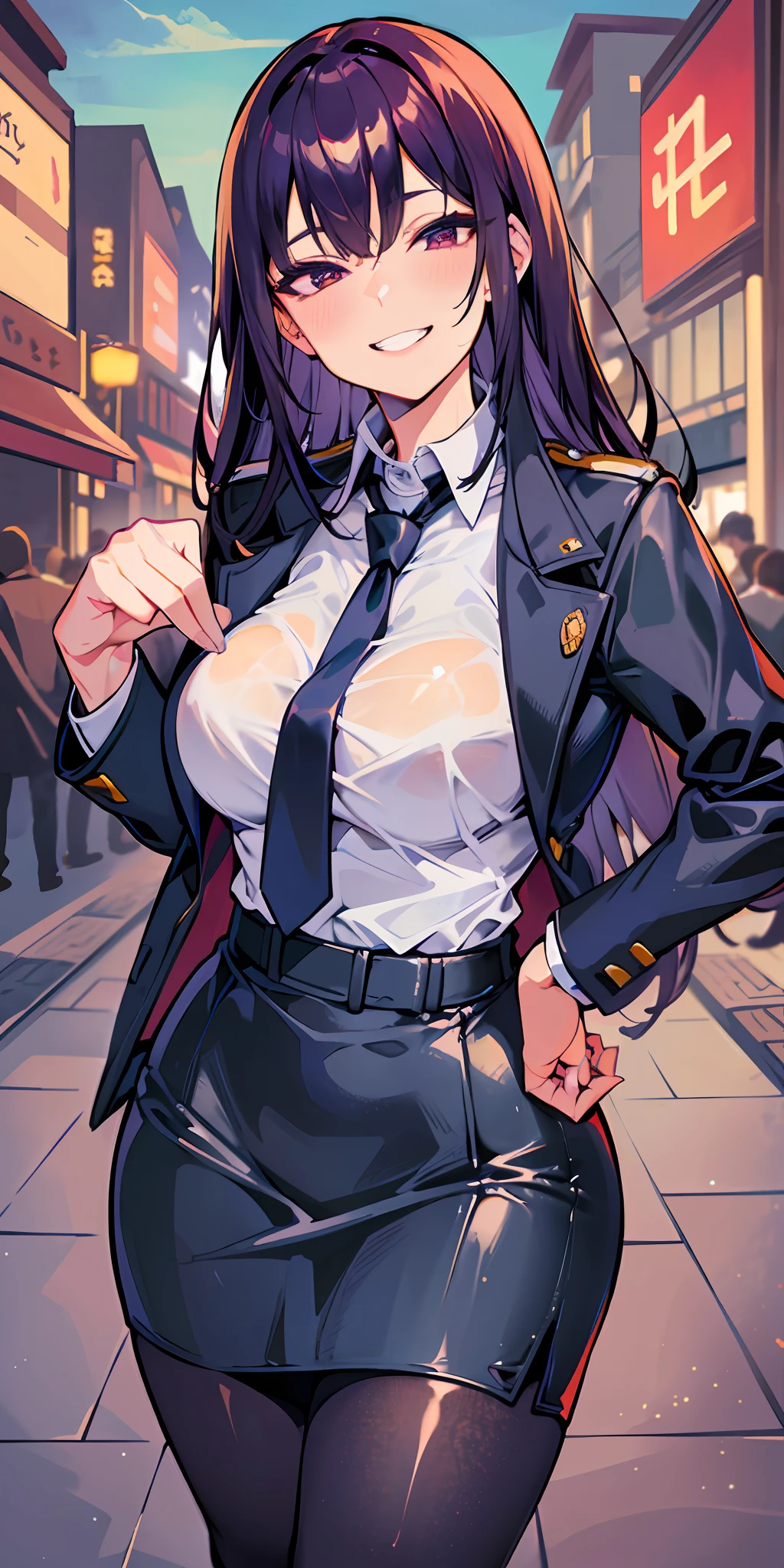 (Masterpiece: 1.6, Best Quality), (Fine and Beautiful Eyes: 1.2), (Overhead), High Quality, Beautiful Face, 1girl, Leather Tight Skirt, Extra Large Leather Jacket, Big Tits, Long Hair, Wide Hips, (Landscaped), Street, Background, Detail Background, Spooky Grin, Angled Laughter at the Corners of Mouth, Long Coat, Shirt, Tie, Office Lady, Mature