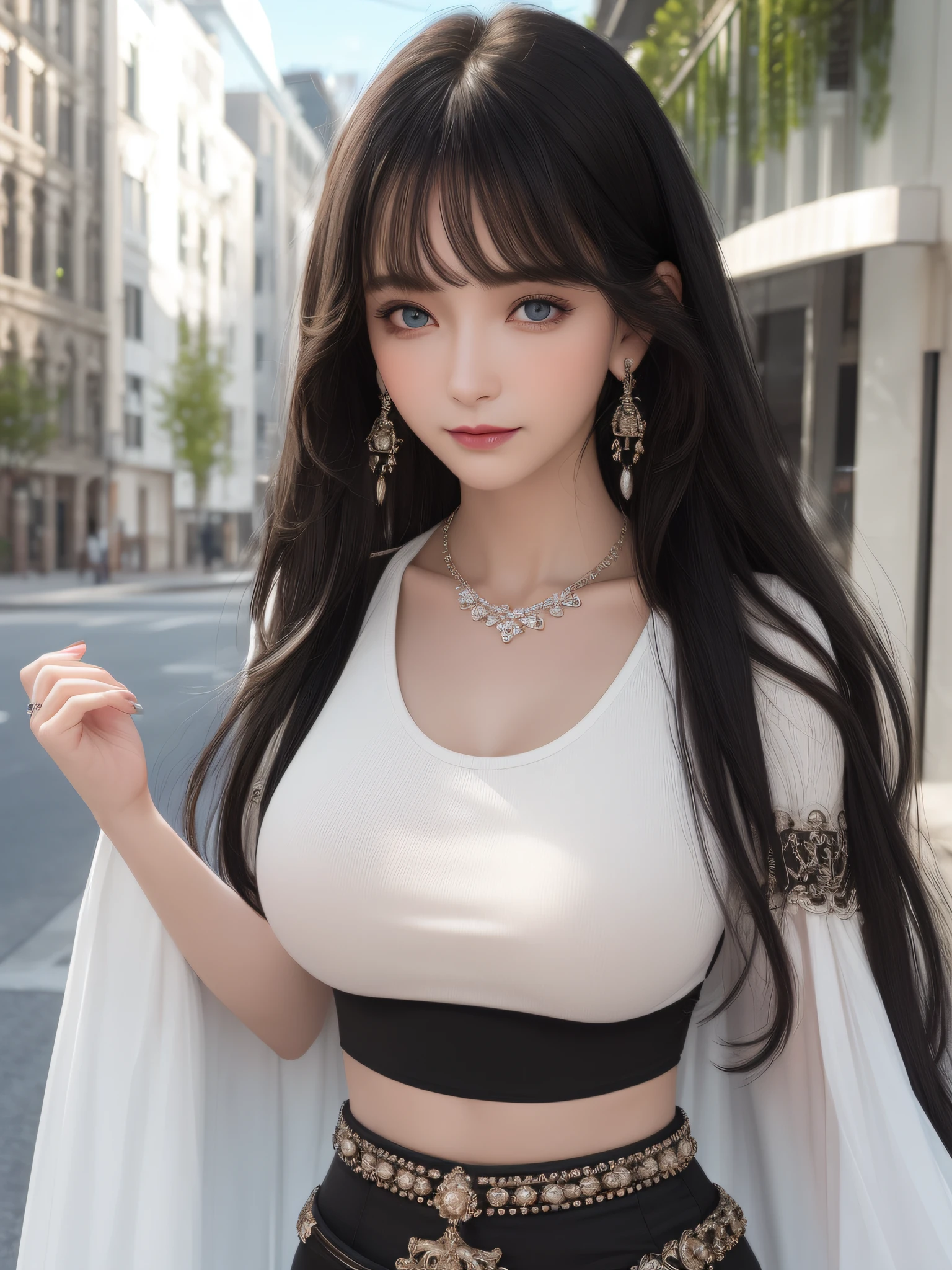 ((best quality)),((masterpiece)),((ultra high res)), (intricate details), (soft lighting), cinematic, dramatic, composition, sunny sky, brutalist, hyper realistic, epic scale, sense of awe, insane level of details, 1woman, (beautiful body), hot pants, (white top) (short and tight top), (full body shot), (black long hair:1.5),35mm, sharp, hyper realism, necklace, (detailed ornaments), hair ornament, earrings, bracelet, rings, soft lips, pink lipstick, blue eyes, narrow waist, normal breast, real human skin, lens flare, shade, backlighting, depth of field, natural lighting, street background, little smile, blush, depth of field