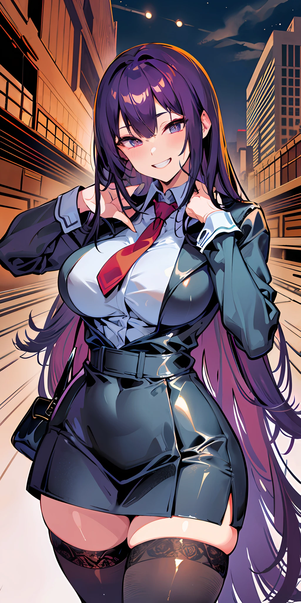 (Masterpiece: 1.6, Best Quality), (Fine and Beautiful Eyes: 1.2), (Overhead), High Quality, Beautiful Face, 1girl, Leather Tight Skirt, Extra Large Leather Jacket, Big Tits, Long Hair, Wide Hips, (Landscaped), Street, Background, Detail Background, Spooky Grin, Angled Laughter at the Corners of Mouth, Long Coat, Shirt, Tie, Office Lady, Mature