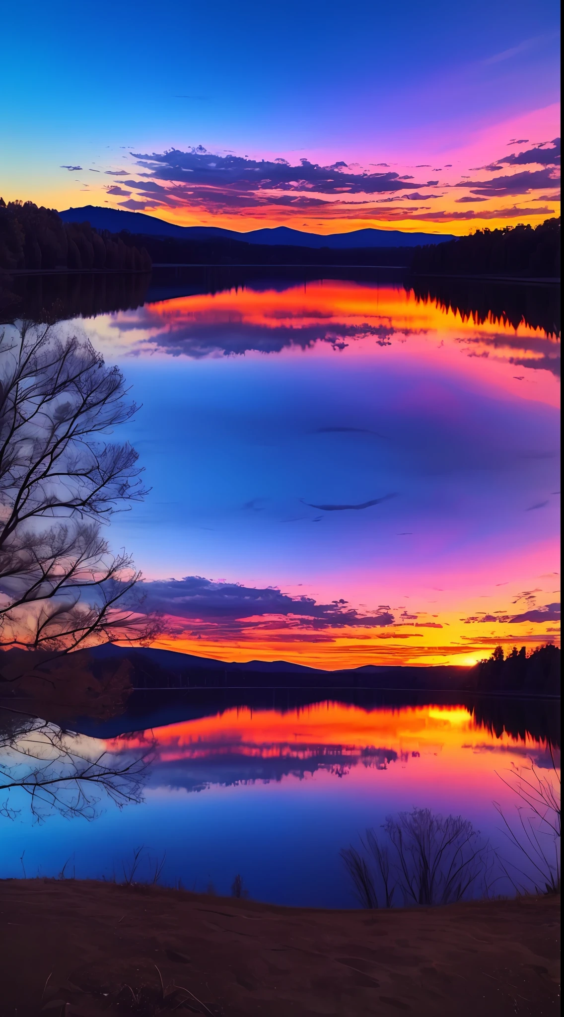 there is a beautiful sunset with a lake and trees in the background, colorful skies, surreal colors, colorful sunset, colorful sky, marvellous reflection of the sky, stunning sky, dream like atmosphere 8k, colorful clouds, colors reflecting on lake, surreal sky, red and blue reflections, fire reflection, beautiful sky, beautiful and spectacular dusk, beautiful dreamy landscape, amazing sky