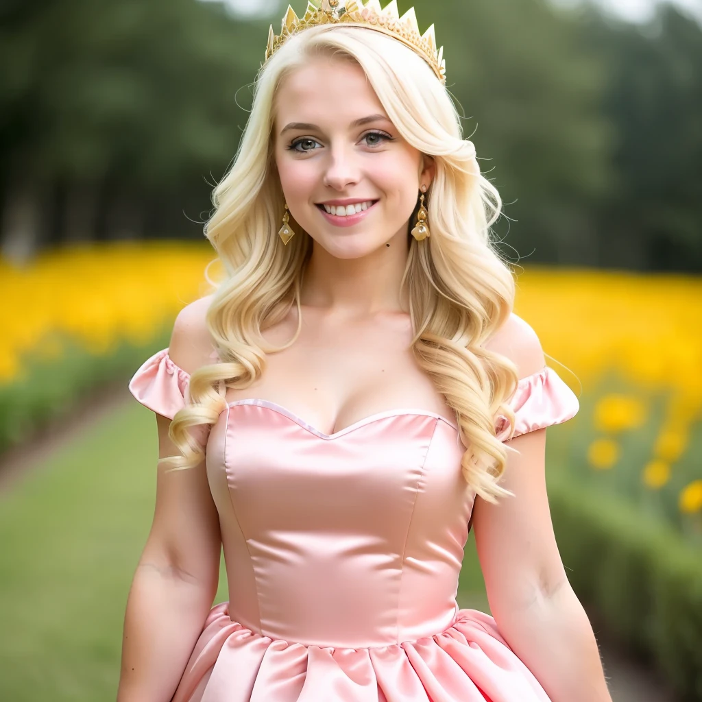 a girl dressed as a princess peach character, smiling, ultrarealistic, 8k, best quality, masterprice, natural skin texture, blonde, pink dress, gold crown