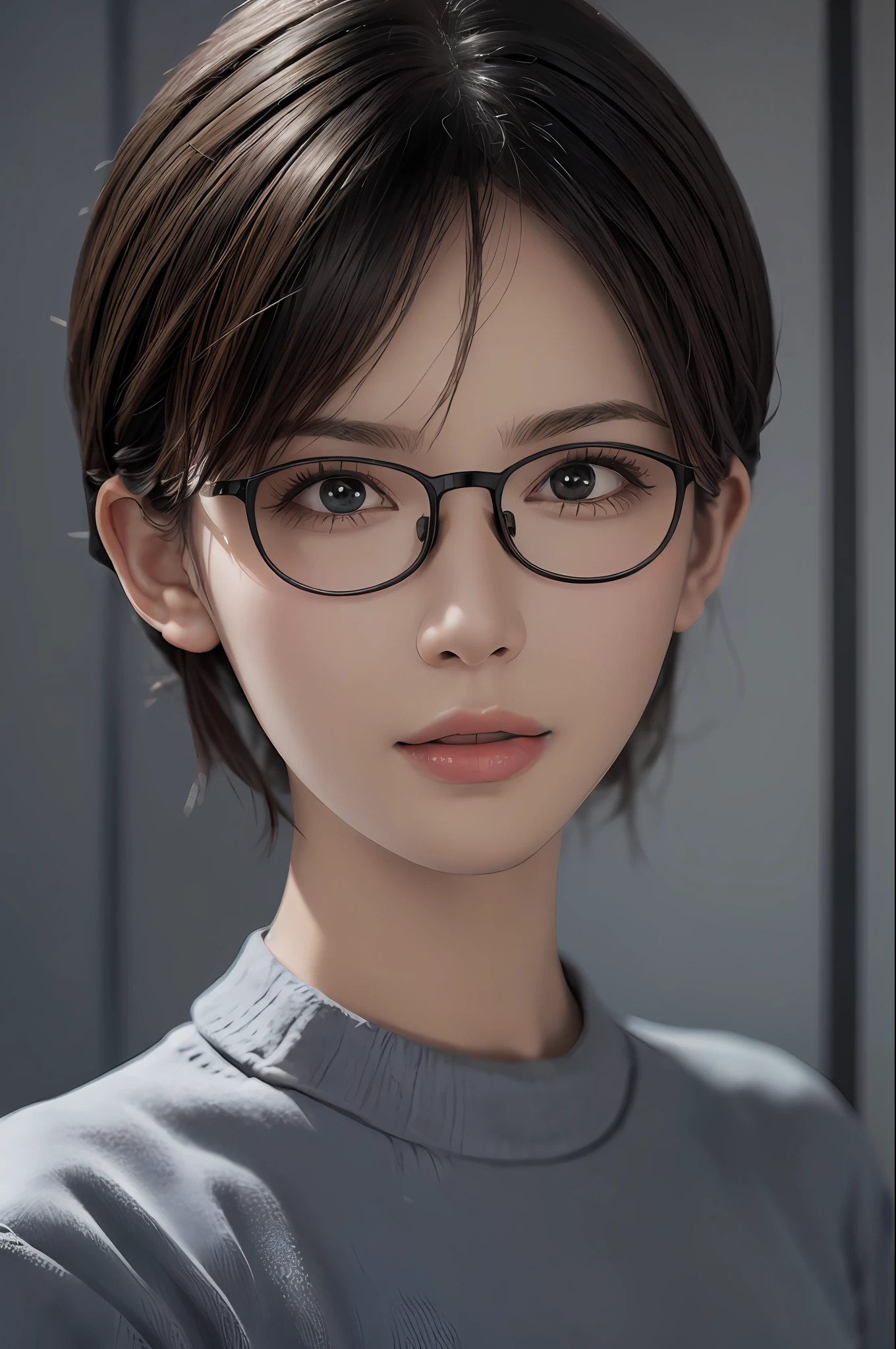 (Masterpiece: 1.3), (8k, Photorealistic, RAW Photo, Best Quality: 1.4), (1girl), Beautiful Face, (Realistic Face), (Black Hair, Short Hair: 1.3), Beautiful Hairstyle, Realistic Eyes, Beautiful Detail Eyes, (Realistic Skin), Beautiful Skin, (Sweater), Absurd, Attractive, Ultra High Resolution, Ultra Realistic, High Definition, Golden Ratio, Black Rim Glasses, Symmetrical