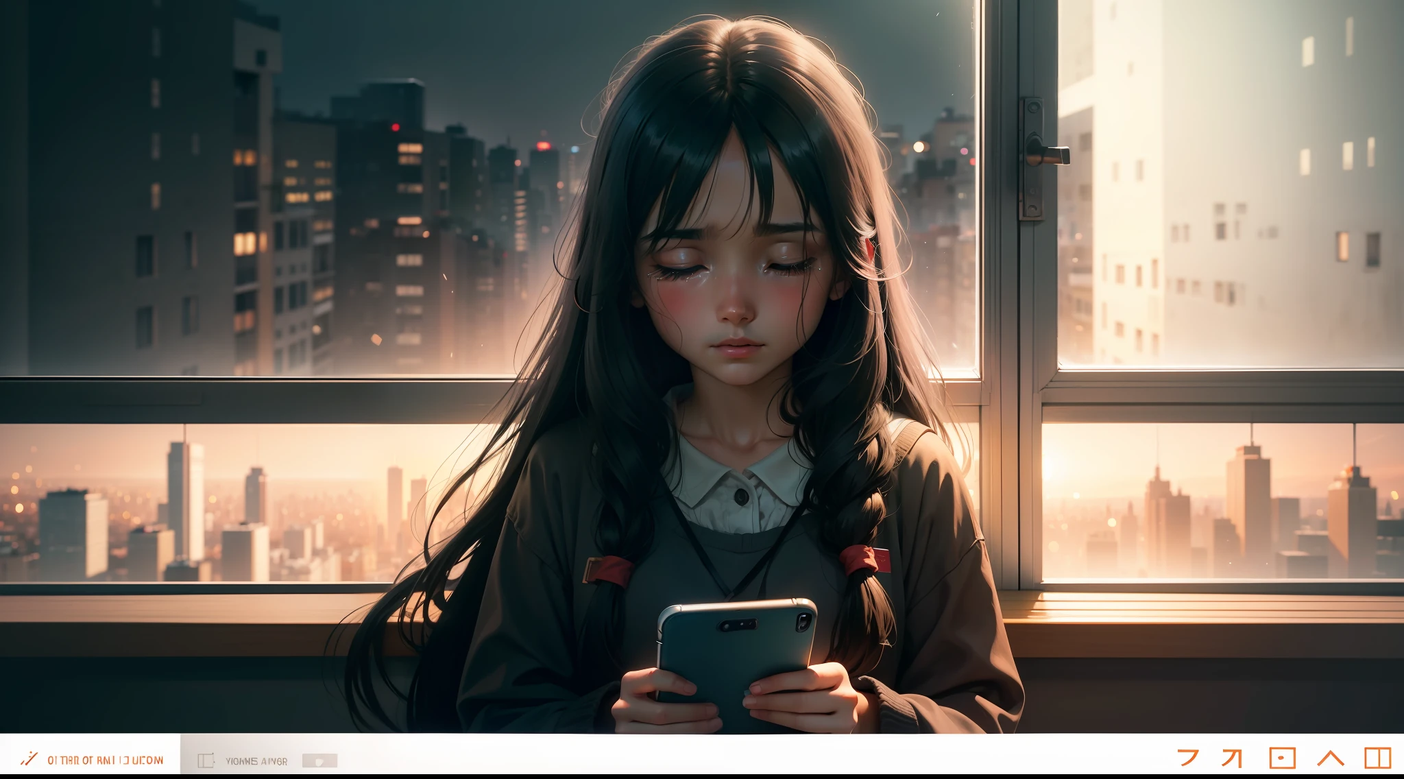 In front of the window, a long-haired girl looked at her phone in pain, her face full of tears, movie stills, movie lights, small panorama, three-point composition, illustration, high quality, film art script painting