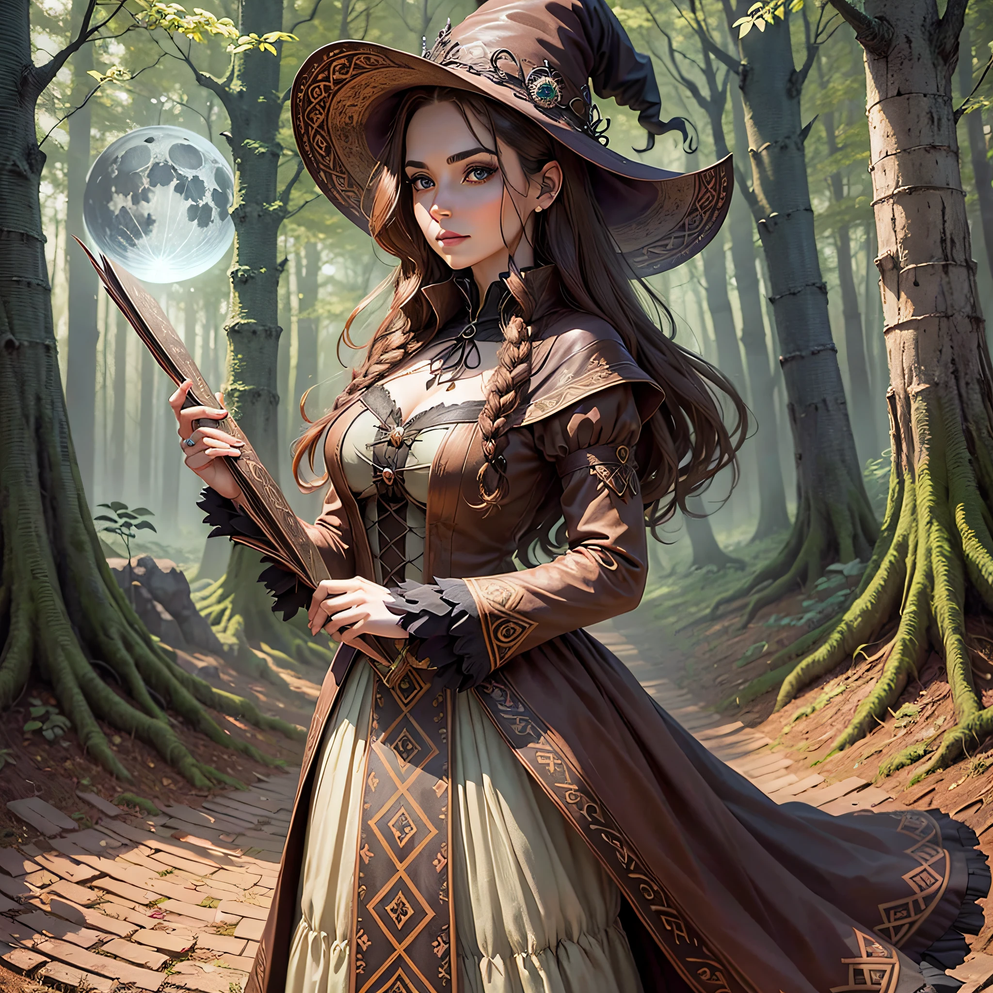 Beautiful witch magician woman (use my photo) brown hair and brown eyes with Celtic dress walking in the forest with grimoire in hand with full moon --auto --s2