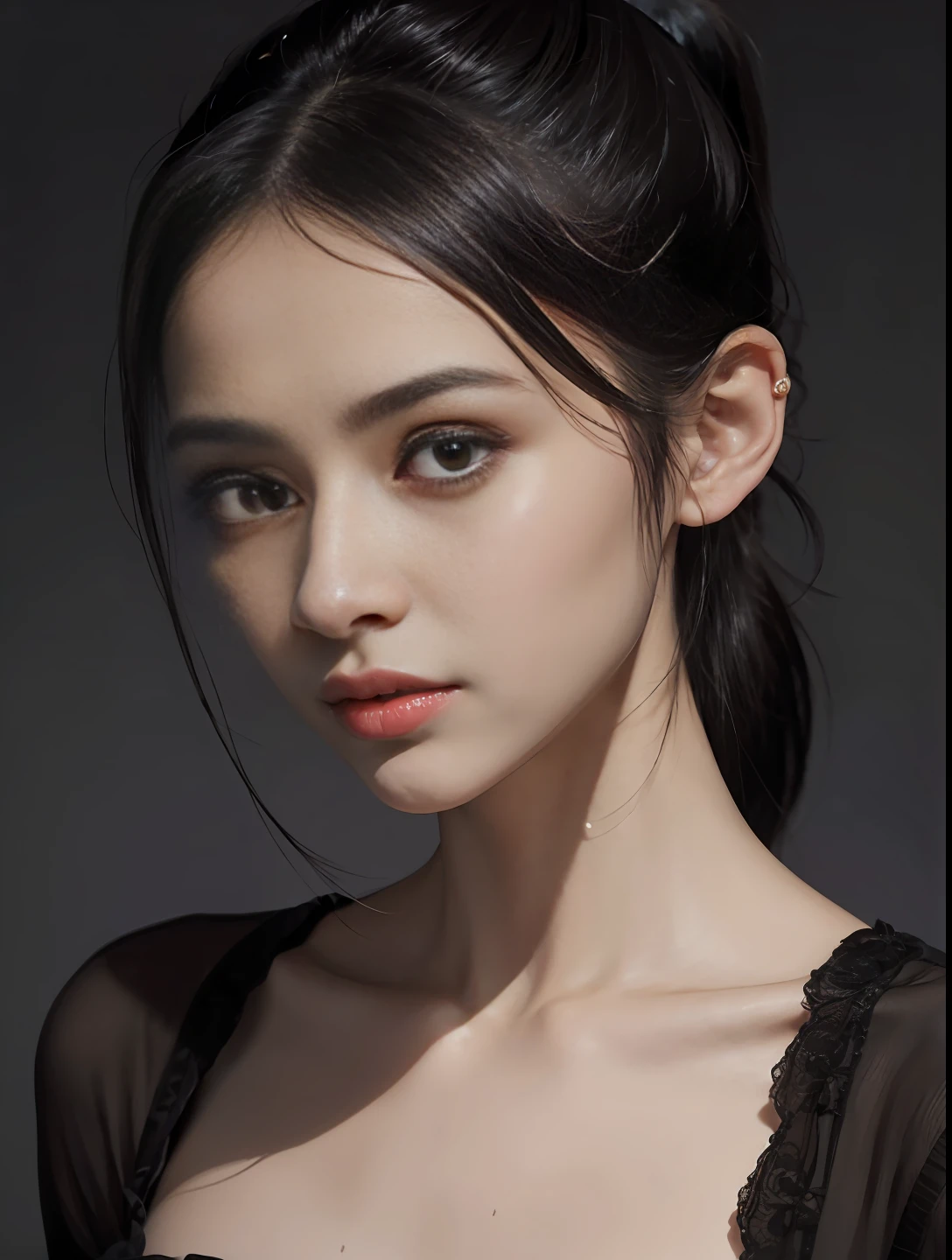 (Master Pea), 1 Beautiful Girl, Skinny,Mediim Breast,Sheer Dress,Facial, Natural Skin, 18 Years Old, (Long Hair, Short Hair, Ponytail), Strong Hit, portrait, Black Hair, Professional Lighting On Face