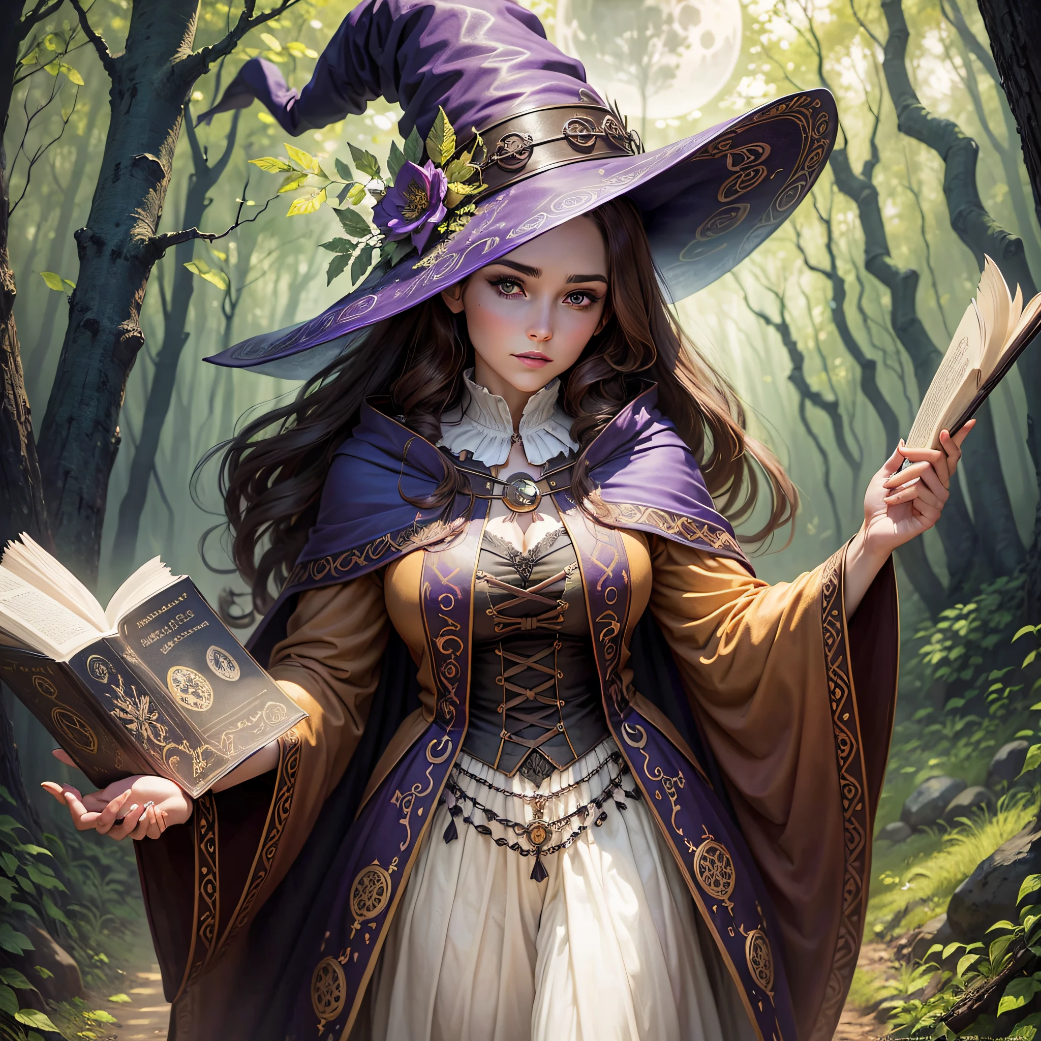 Beautiful witch magician woman (use my photo) brown hair and brown eyes with Celtic dress walking in the forest with grimoire in hand with full moon --auto --s2