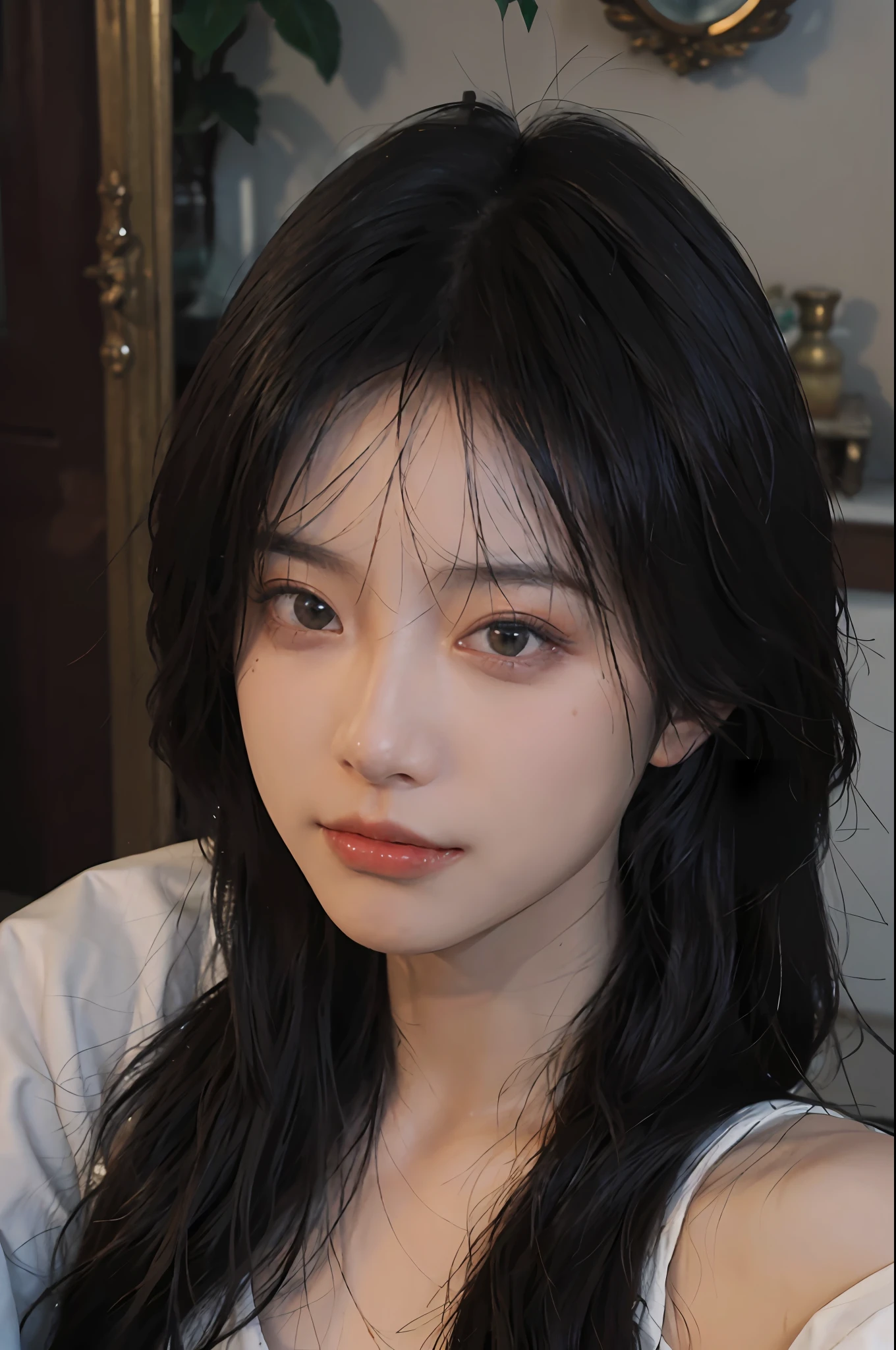 8K, Best Quality, Masterpiece, Ultra High Resolution, (Realism: 1.4), Original Photo, (Realistic Skin Texture: 1.3), (Film Grain: 1.3), (Selfie Angle), 1 Girl, Beautiful Emerald Gemstone Eyes and Exquisite Face Details, Masterpiece, Best Quality, Close-up, Upper Body, Looking at the Viewer,女孩