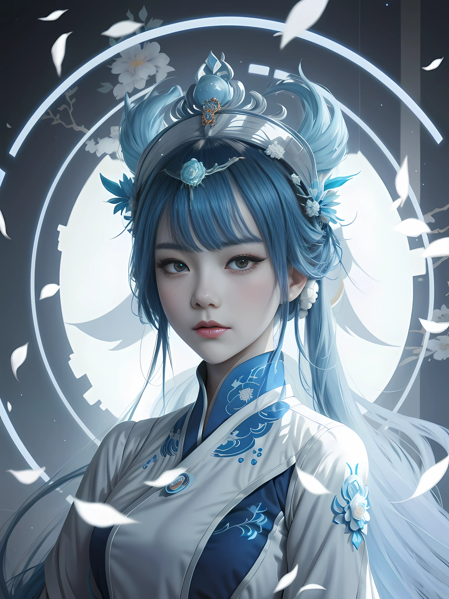 anime girl with blue hair and a white dress with a flower crown, palace , a girl in hanfu, artwork in the style of guweiz, guweiz, inspired by Leng Mei, a beautiful fantasy empress, inspired by Li Mei-shu, trending on cgstation, inspired by Ai Xuan, white hanfu, ((a beautiful fantasy empress))