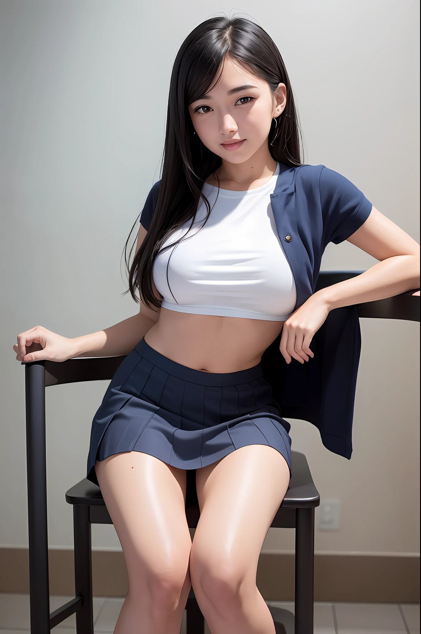 (8K), (Best Definition: 1.2), (Realistic), (Photorealistic: 1.37), Ultra High Definition, 1 Girl, Cute, Smile, Closed Mouth, Beautiful in Detail, Beautiful Nose, Full Body, Wet Hair, Colossal Dalsefo, Pork, School Uniform, Thighs, Sit on a Chair, Dark Blue Mini Skirt, Stretch Your Legs