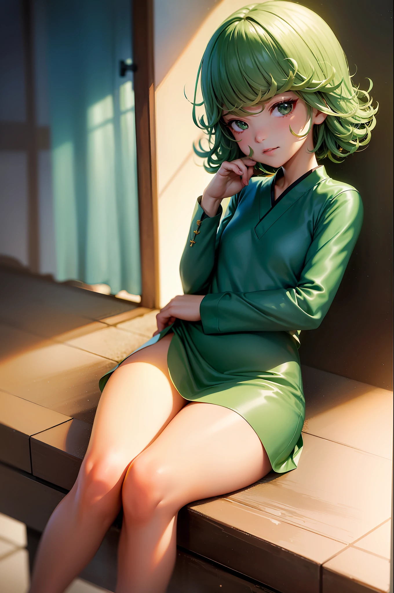 (masterpiece, best quality:1.2), solo, 1girl, tatsumaki, unamused, closed mouth, looking at viewer, hand on our face, sitting, 盘腿，领衬衫，领带，裙子，连裤袜，痴迷于脚部细节，张开双腿，没穿内裤，痴迷于器官细节。