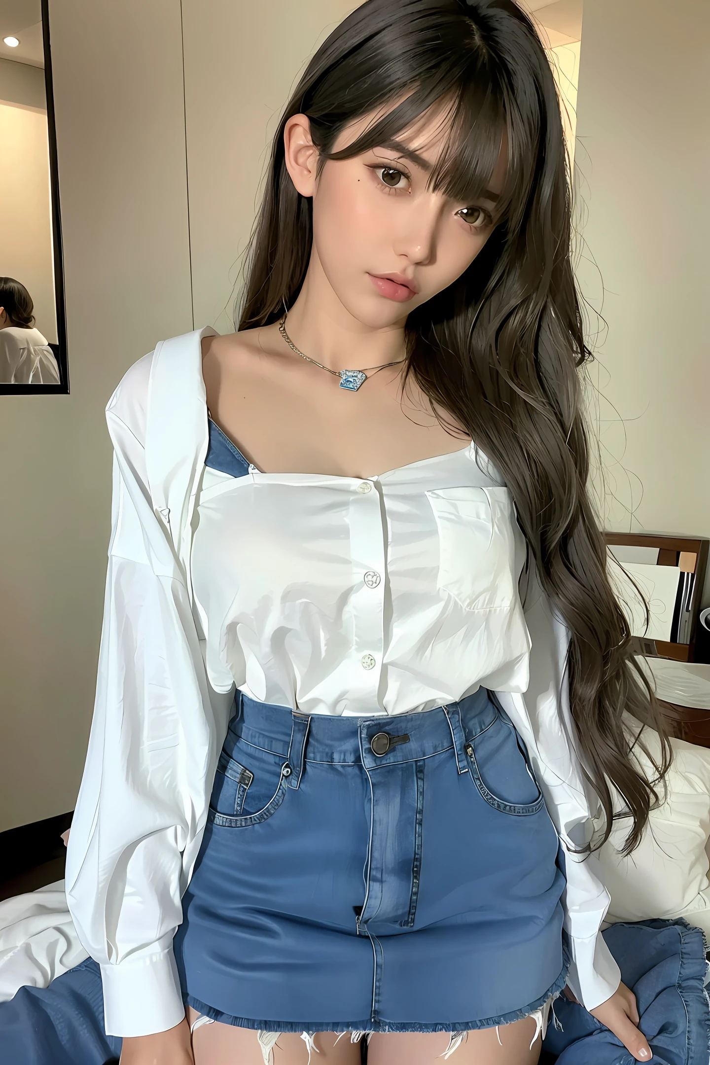 the beautiful girl wearing white shirt and blue jean skirt,wavy long hair is black,eyes is black,pertty eye,pretty face,detailed face,high resolution,full body view