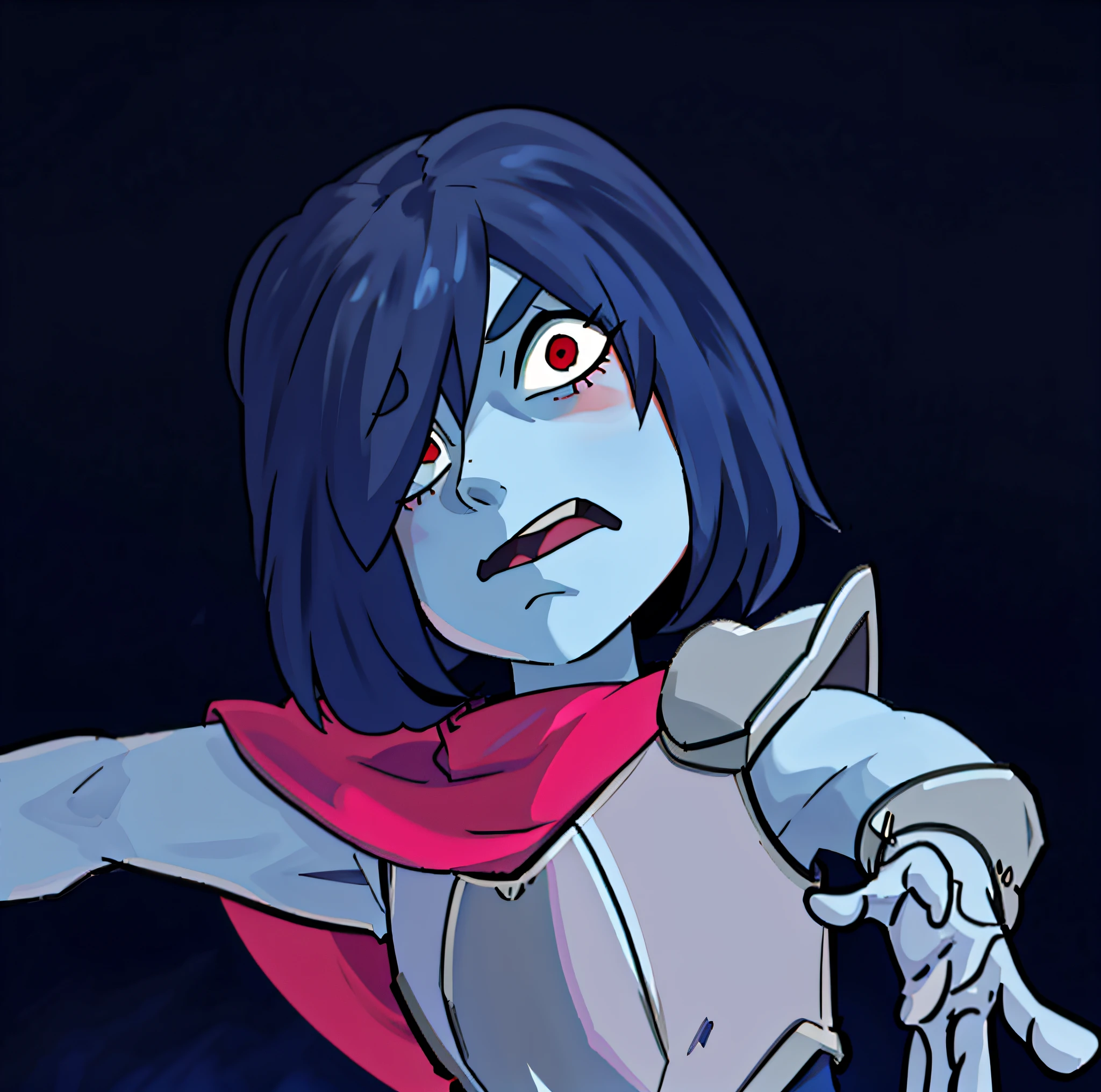 dark blue hair, blue skin, red eye, shocked, pink cape, knight armor, arms, hand, hd, highres