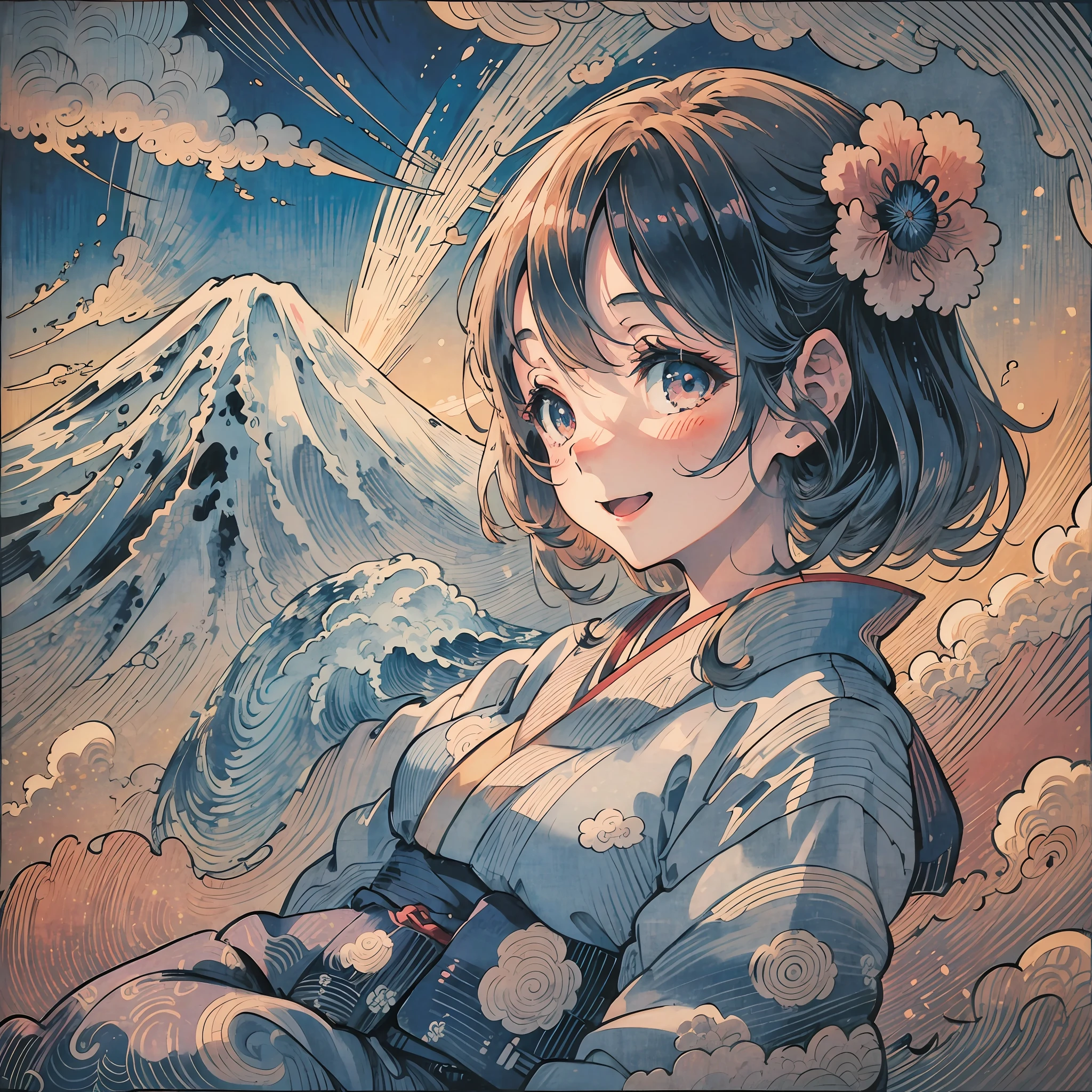 Little girl in kimono sitting and laughing on clouds with Mount Fuji in background, clouds, shining light, sea of clouds, soul, myth, rising sun, rising sun, mt. Fuji, girl, cute, ukiyo-e --auto --s2