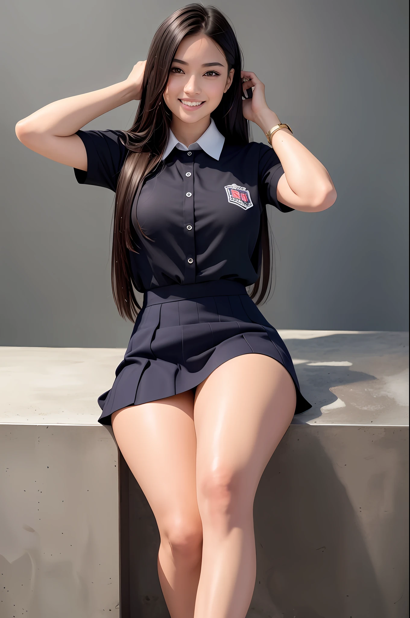 (8K), (Best Definition: 1.2), (Realistic), (Photorealistic: 1.37), Ultra High Definition, 1 Girl, Cute, Smile, Closed Mouth, Beautiful Details, Beautiful Nose, Full Body, Wet Hair, Colossal Dalsefo, Pork, School Uniform, Thighs, Sit on a Chair, Mini Skirt, Stretch Legs