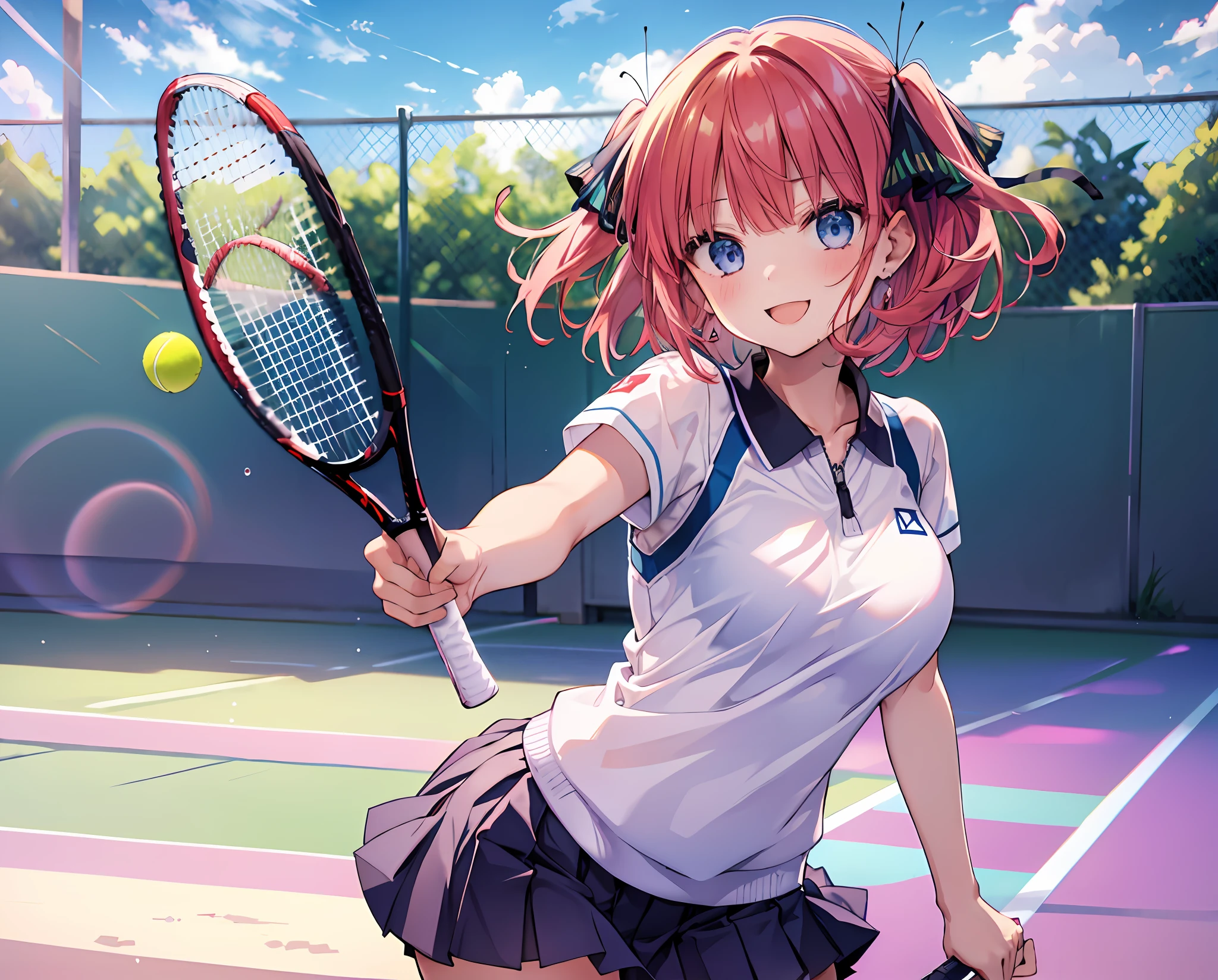 absurdres, highres, BREAK cowboy shot BREAK (vivid-color:1.3) BREAK (one girl:1.3), (loli:1.2),red hair, blue eyes, tennis uniform, playing tennis, hairclip, earrings, jewelry, nm1, hair ribbon, short hair, tennis cosplay, (pleated super short skirt:1.4), (thighs:1.3), (large ass:1.3), (((Very pretty panties))), large breasts, (smile face:1.3), open mouth, (breast:1.3), ass, round eyes, (blowing in the wind:0.5), sweat around girl, dripping sweat, squall (wind:1.2), sense of speed, refreshing breeze, motion blur effect, wind BREAK background is (tennis court:1.3), (Stand in the center of the screen:1.3), blue sky with clouds, outdoors, (magnificent panorama view:1.2), wind BREAK sunlight, magnificent view, rainbow in the sky, light particles, dynamic angle, dutch angle, perspective BREAK (daytime, sunbeam:1.2), depth of field, bokeh, light leaks, (chromatic aberration:1.2), noon BREAK