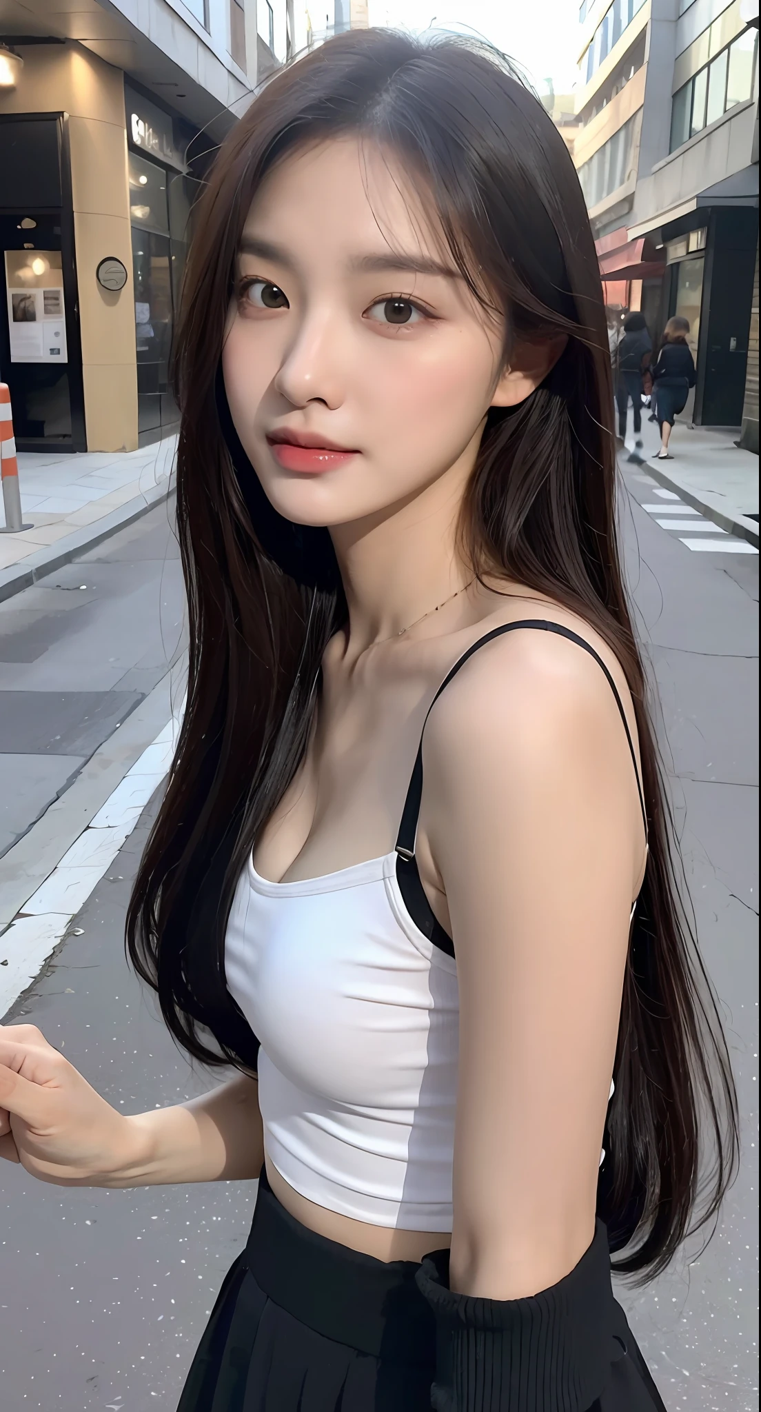 (1 Korean star with royal sister style), ((best quality, 8k, masterpiece: 1.3)), focus: 1.2, perfect body beauty: 1.4 , (funny expression), (night street: 1.3), highly detailed face and skin texture, fine eyes, double eyelids, whitened skin, (air bangs: 1.3), (round face: 1.5), (thin strap top: 1.4),