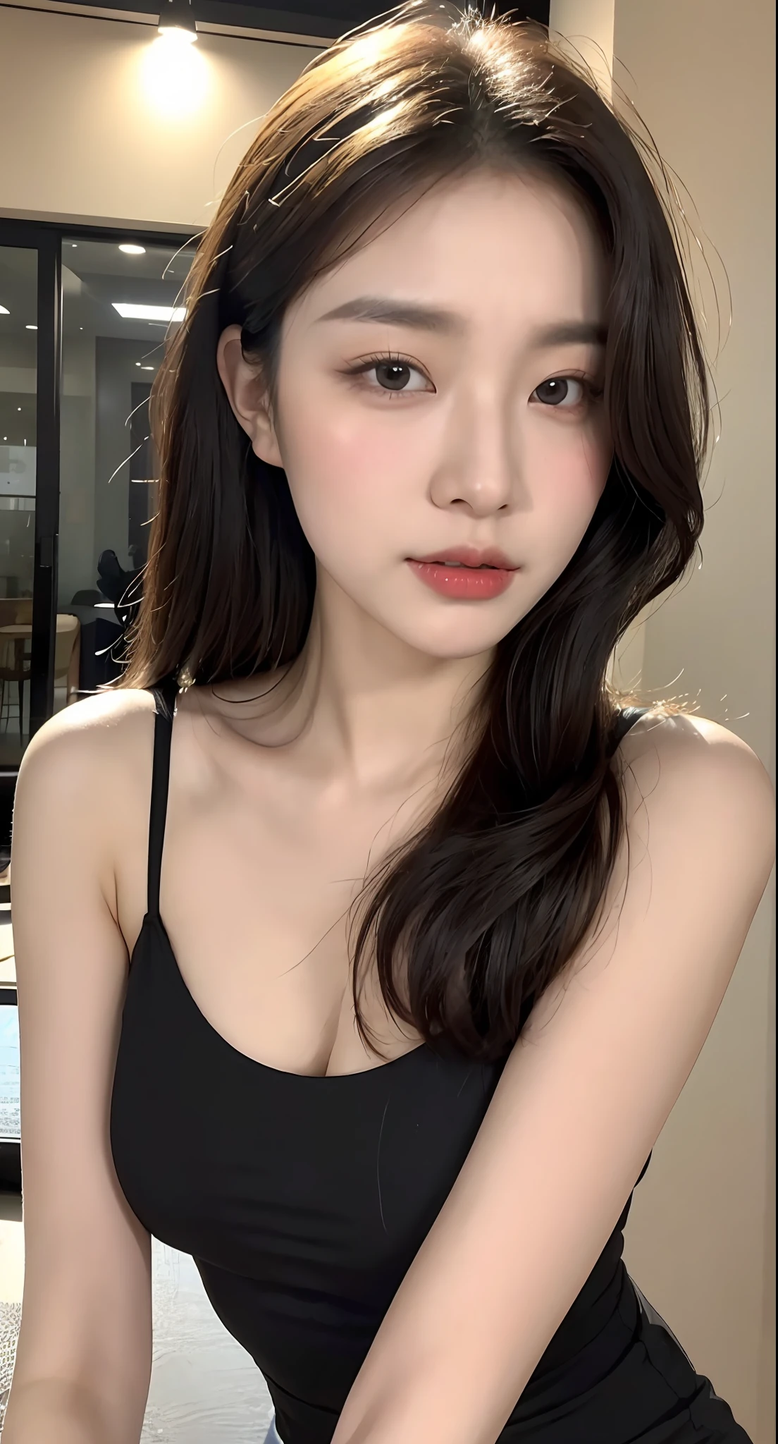 (1 Korean star with royal sister style), ((best quality, 8k, masterpiece: 1.3)), focus: 1.2, perfect body beauty: 1.4 , (funny expression), (night street: 1.3), highly detailed face and skin texture, fine eyes, double eyelids, whitened skin, (air bangs: 1.3), (round face: 1.5), (thin strap top: 1.4),